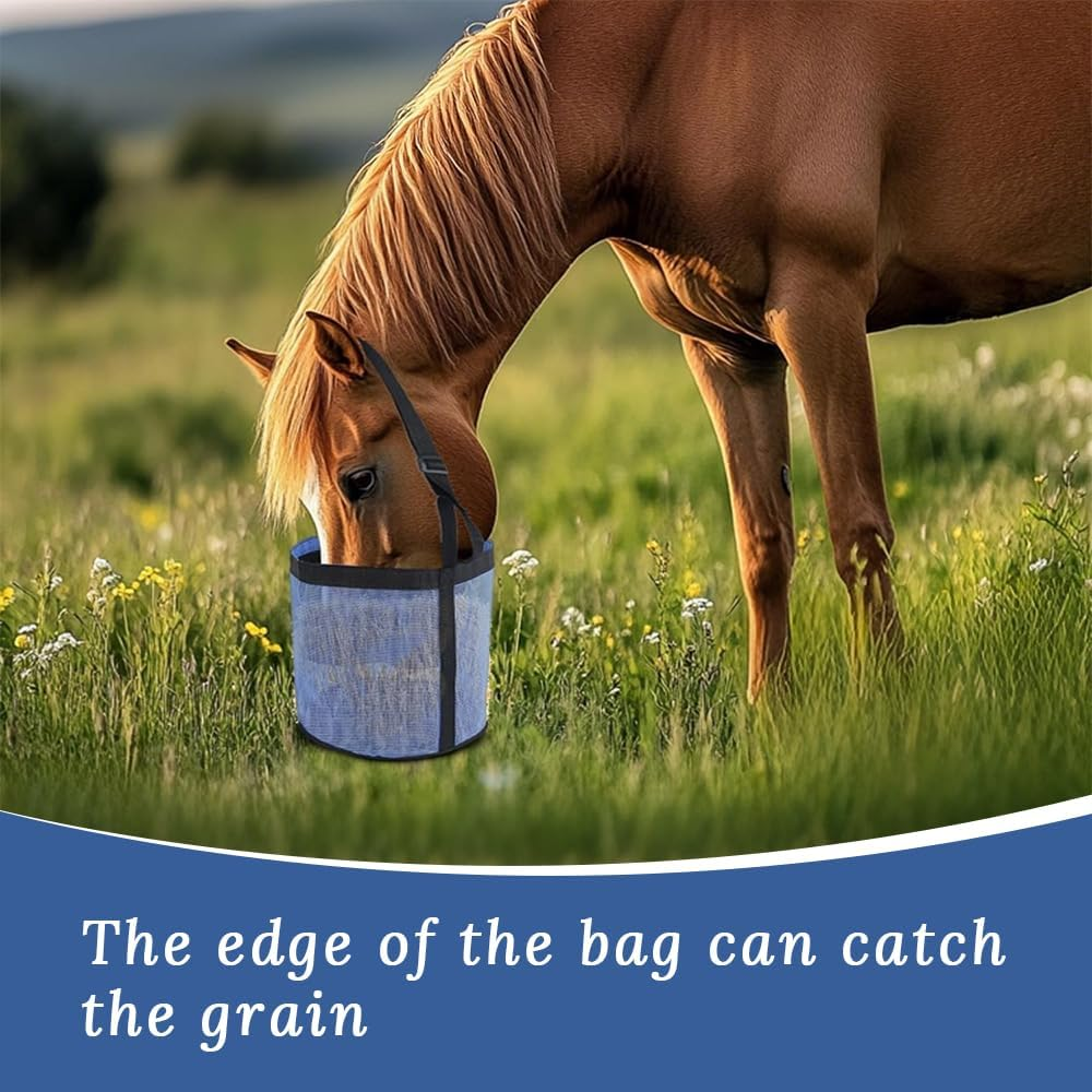 2 Pack Horse Feed Bags with Adjustable Halter Strap, Horse Feed Bucket, Mouth Hay Bag, Durable Mesh Grain Feeder for Feeding Horses (Blue) image number 5
