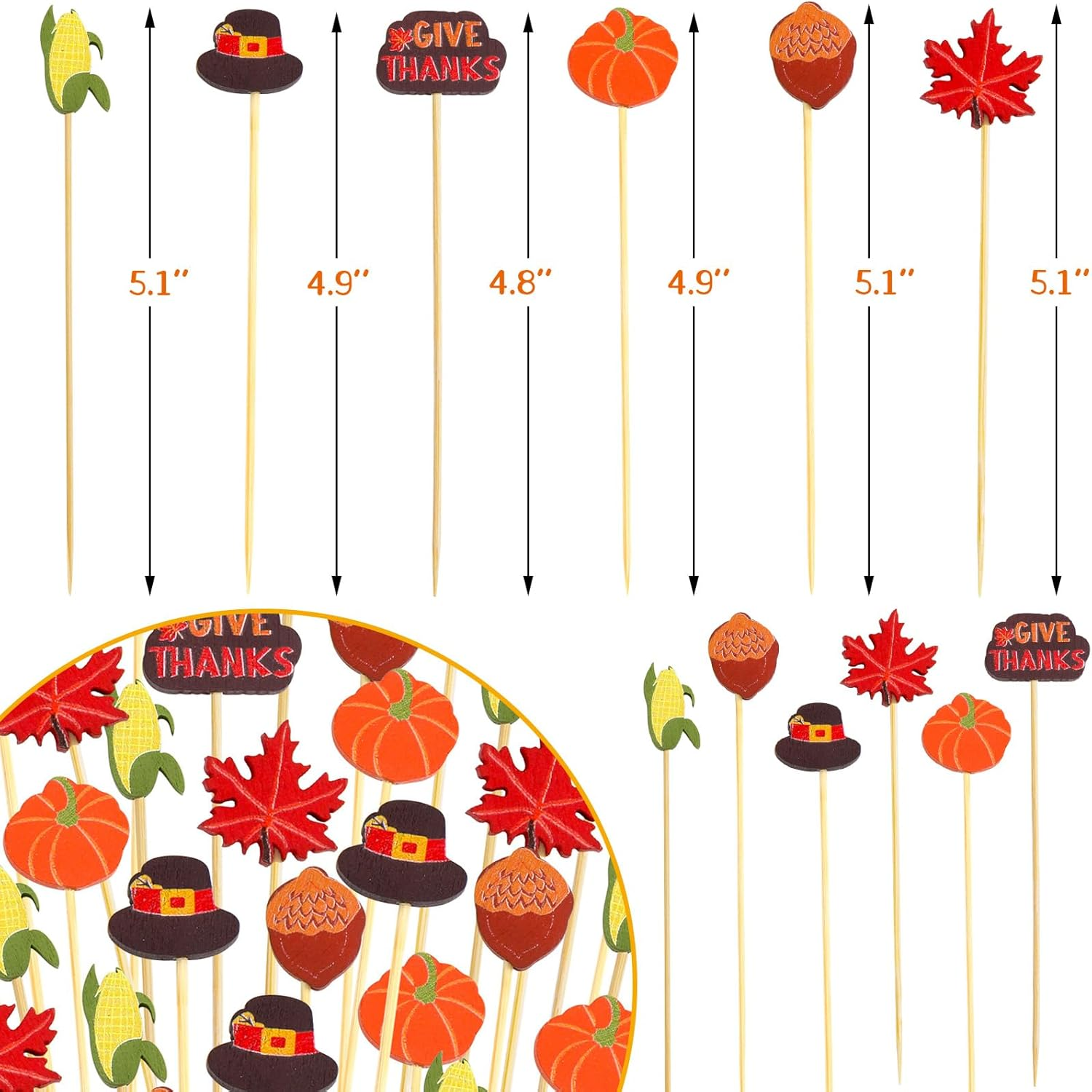 Worldbazaar Thanksgiving Cocktail Picks 120PCS Thanksgiving Toothpicks Fall Food Appetizer Sticks Fruit Harvest Decorations Party Supplies image number 1