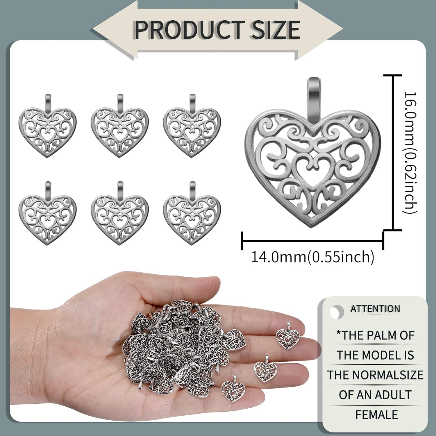 100Pcs Antique Silver Plated Hollow Lovely Heart Charms Pendant DIY Bracelets Necklace Jewelry Making Craft Wholesale 16Mmx14Mm(A285) image number 1