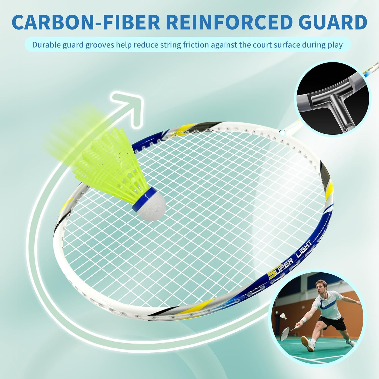 Senston Badminton Racket Set of 2 Graphite Shaft Badminton Racquet Set Including Badminton Bag,2Badminton Shuttlecocks, 2 Badminton Grips image number 4