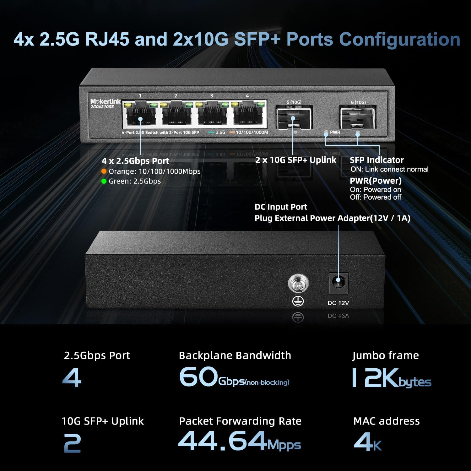 Mokerlink 4 Port 2.5G Ethernet Switch with 2X10G SFP, 5 X 2.5G Base-T Ports Compatible with 10/100/1000Mbps, Metal Unmanaged Fanless Network Switch