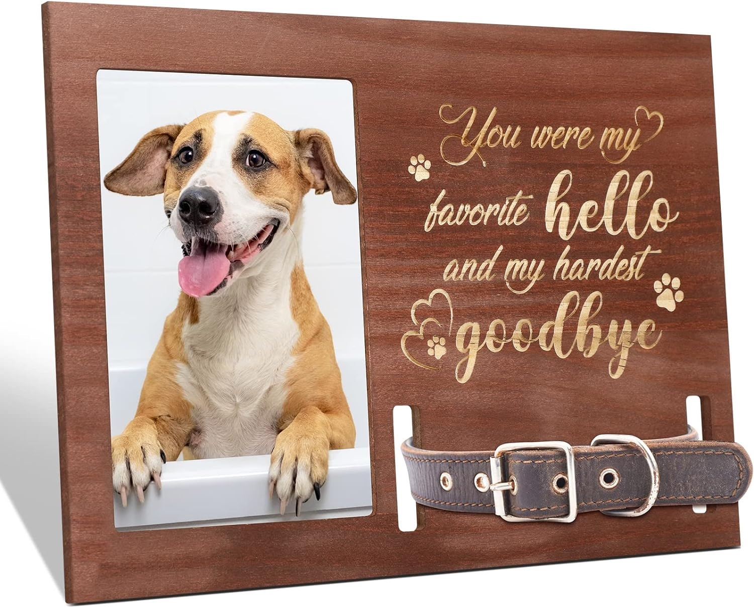 Amyhill Dog Memorial Picture Frame Wooden Personalized Pet Collar Picture Frame Pet Memorial Gifts for Loss of Dog Cat Remembrance Gift Sympathy Photo Keepsake