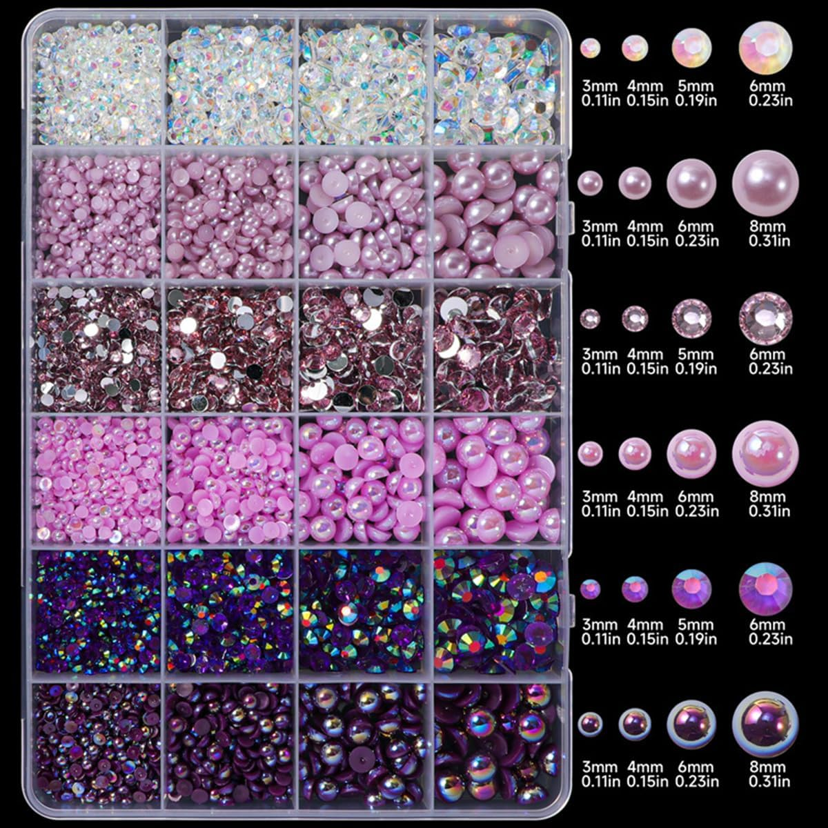 24 Grid Flatback Rhinestones and Beads for Nails, Betterjonny Rhinestones for Crafts 3-8 Mm Glitter Stones Half Beads with Tweezers and Dotting Pen for DIY Crafts Nail Design Clothing D image number 4