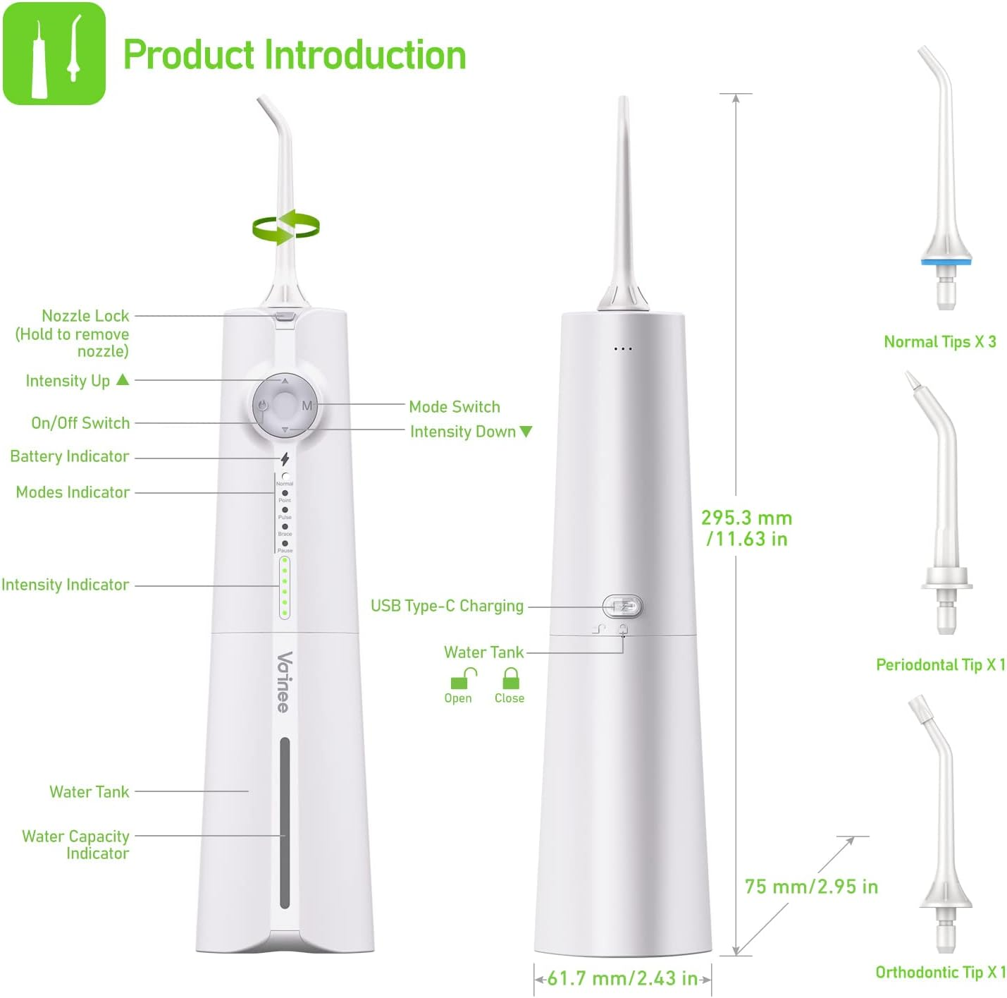 【2025 New Edition】Voinee Water Dental Flosser Oral Irrigator for Dental&Oral Care with 8 Tips 5 Modes 6 Pressure Levels IPX7 Waterproof 300ML Water Tank Low Noise Portable Cordless Rechargeable Teeth Cleaner for Home&Travel