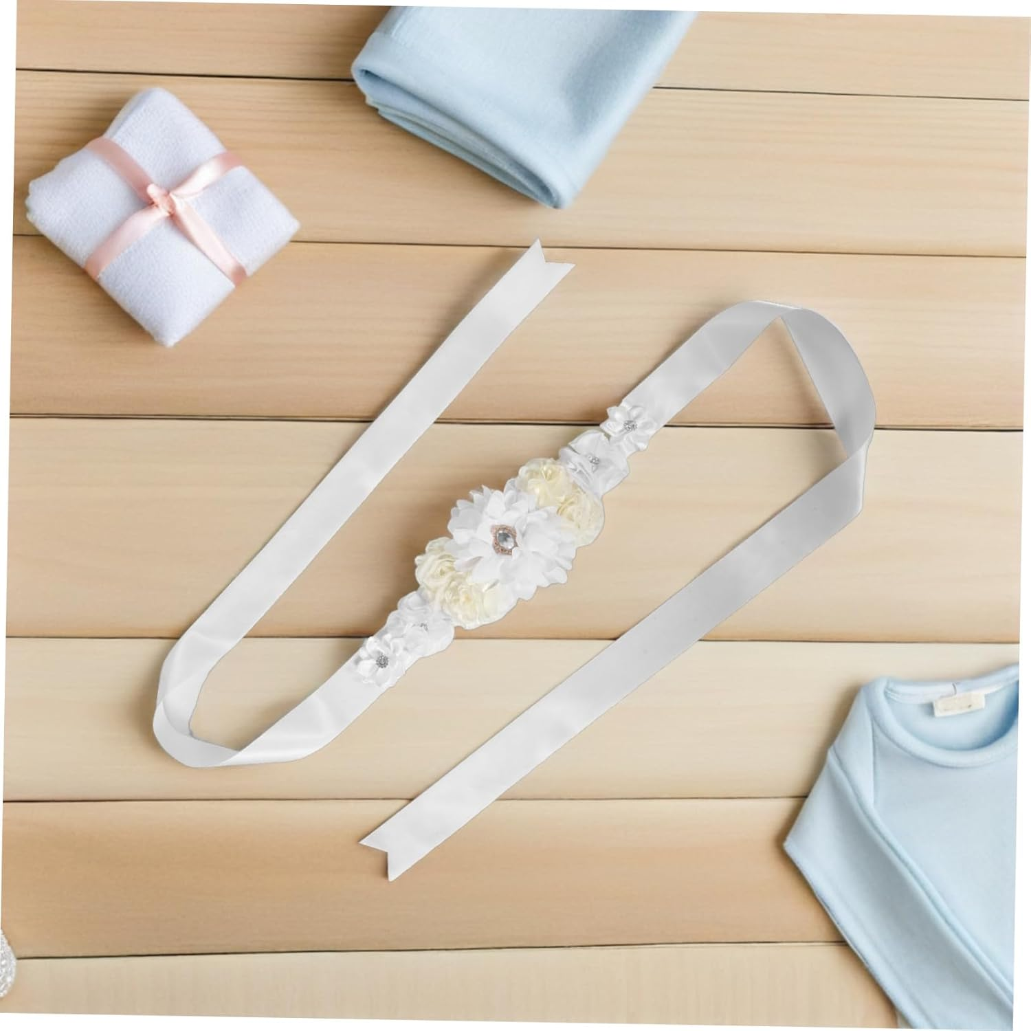 Adjustable Floral Maternity Sash Belt with Soft Breathable Satin Ribbon Comfortable Pregnancy Belly Band for Shower Photoshoot and Special Events image number 4