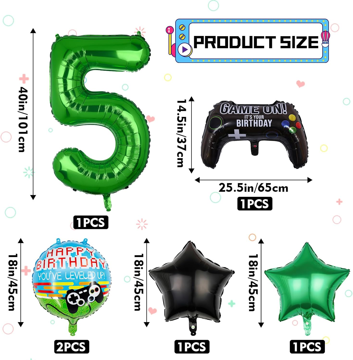 6Pcs Video Game Balloons, Video Game Controller Birthday Number Mylar Foil Balloon, Video Game Party Supplies Game on Birthday Decorations (5Th) image number 2