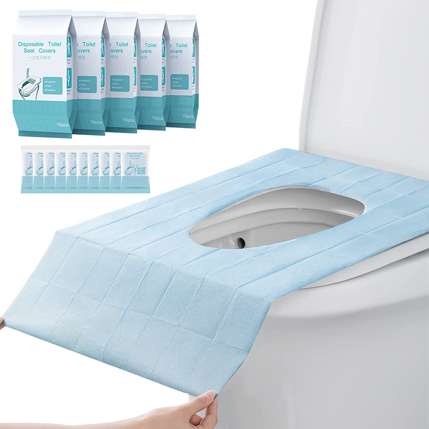 50 Pack Disposable Toilet Seat Cover XL Waterproof Individually Wrapped for Adults and Kids Potty Training Travel Accessories for Public Restrooms, Airplane, Camping image number 1