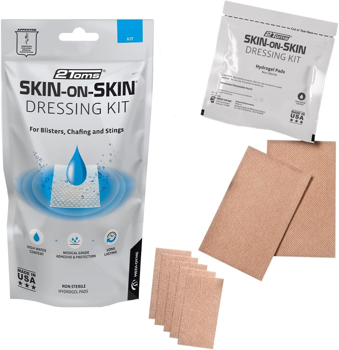 2Toms Skin-On-Skin Soothing Hydrogel Square Pads for Blister Protection and Skin Pain Relief, 200 Squares (1")
