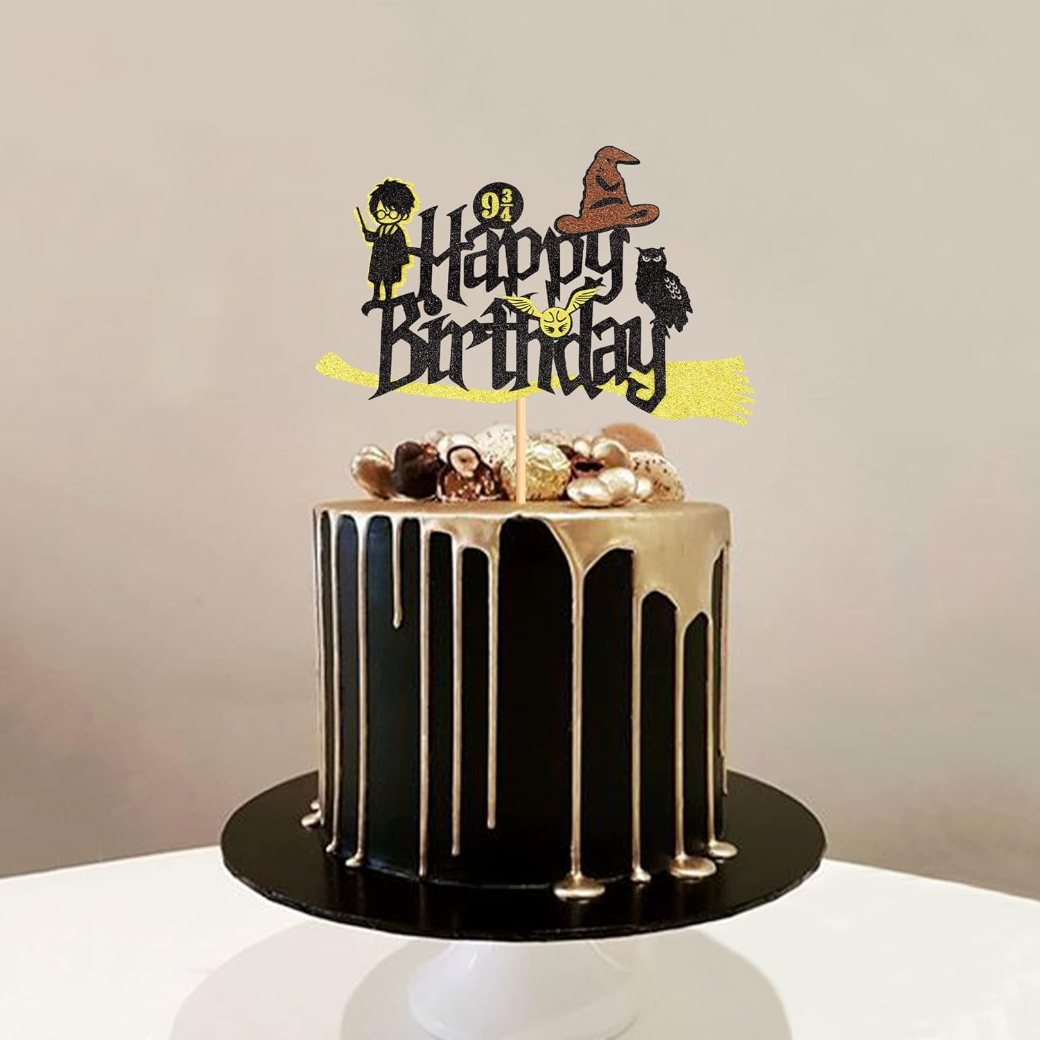 1Pc Glitter Black Magical Wizard Inspired Cake Topper Happy Birthday Cake Topper Pick for Magic Theme Party Supplies - Wizard-3 image number 6