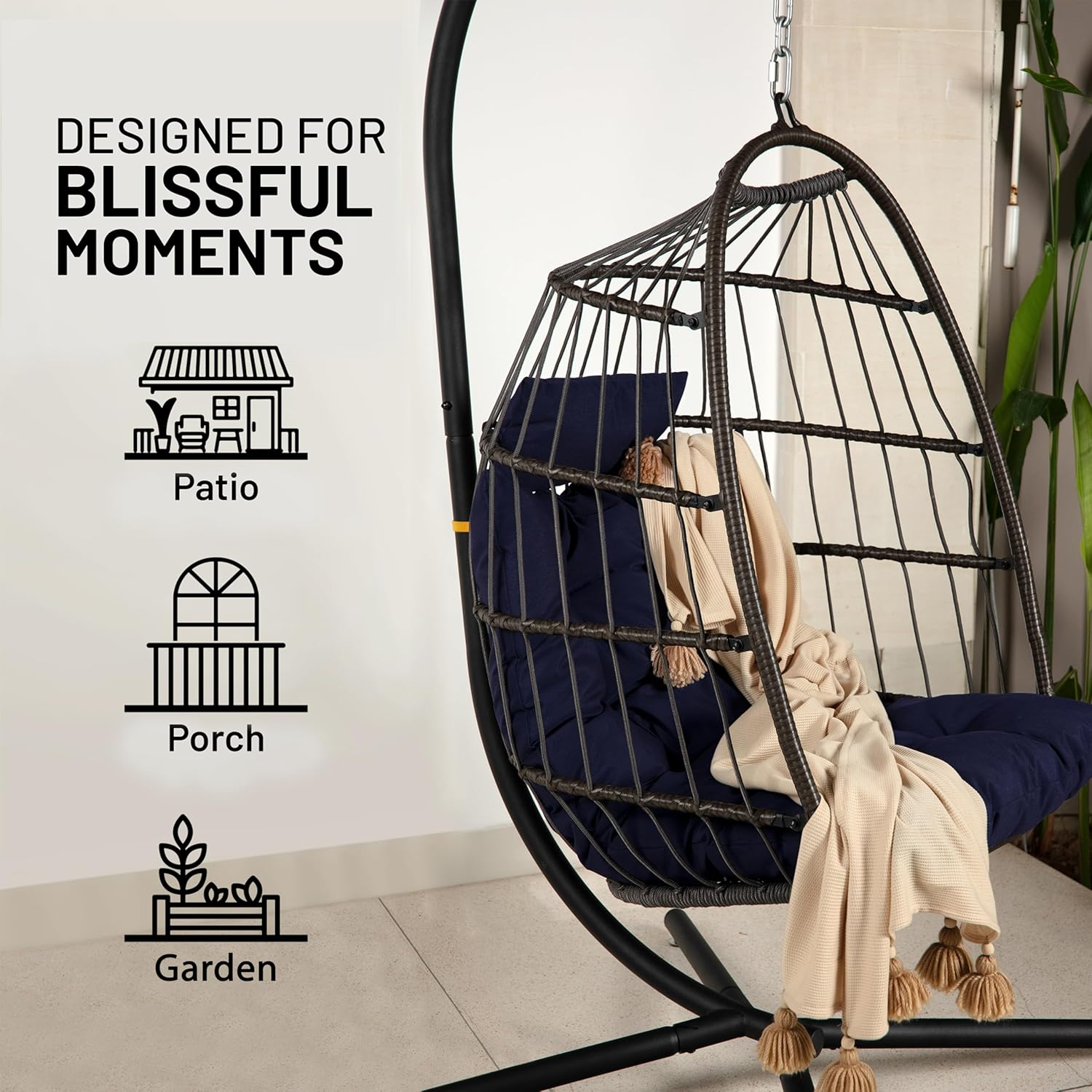 Serenelife Hanging Egg Chair with Stand - up to 250 Kg of Capacity - Beautiful Swinging Basket Chair with Base Made from Wicker Rattan and Powder-Coated Steel Frame - Egg Swing Chair with Stand - Deep Blue image number 5