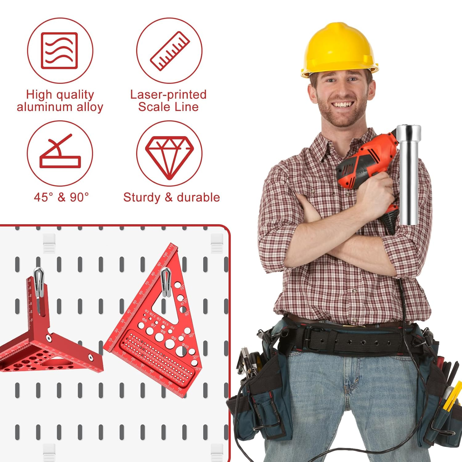 Metric 3D Multi-Angle Measuring Ruler, 22.5&deg;-90&deg; Degree Aluminum Alloy Woodworking Square Protractor, Miter Triangle Ruler High Precision Layout Measuring Tool for Engineer Carpenter (Red) image number 5