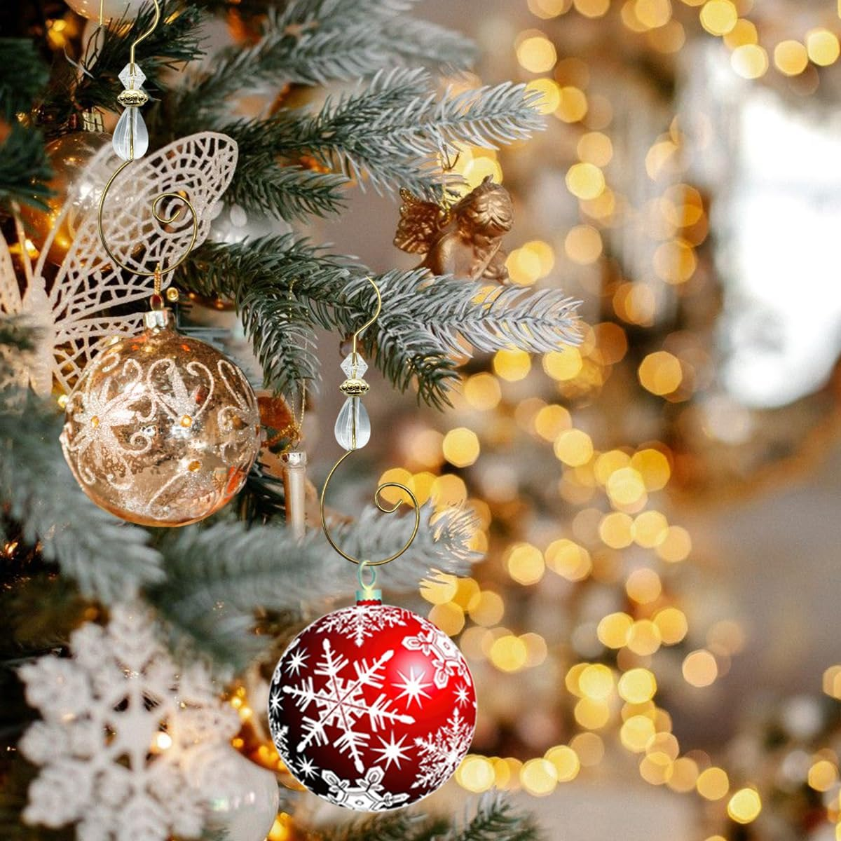 20 Pcs Christmas Ornament Hooks Beaded Hangers Gold S-Shaped Hangers Hook with Acrylic Wire Crystal Beads Metal Decoration Hooks for Christmas Tree Xmas Party Home Decor (Clear) image number 4