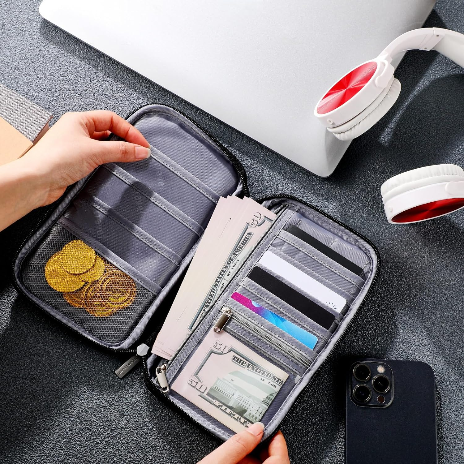 Sadnyy 2 Pcs Passport Holder Travel Cruise Essentials Family Document Organizer Waterproof Passport Wallet Holders Bag Zippered for Women Men, Black image number 1