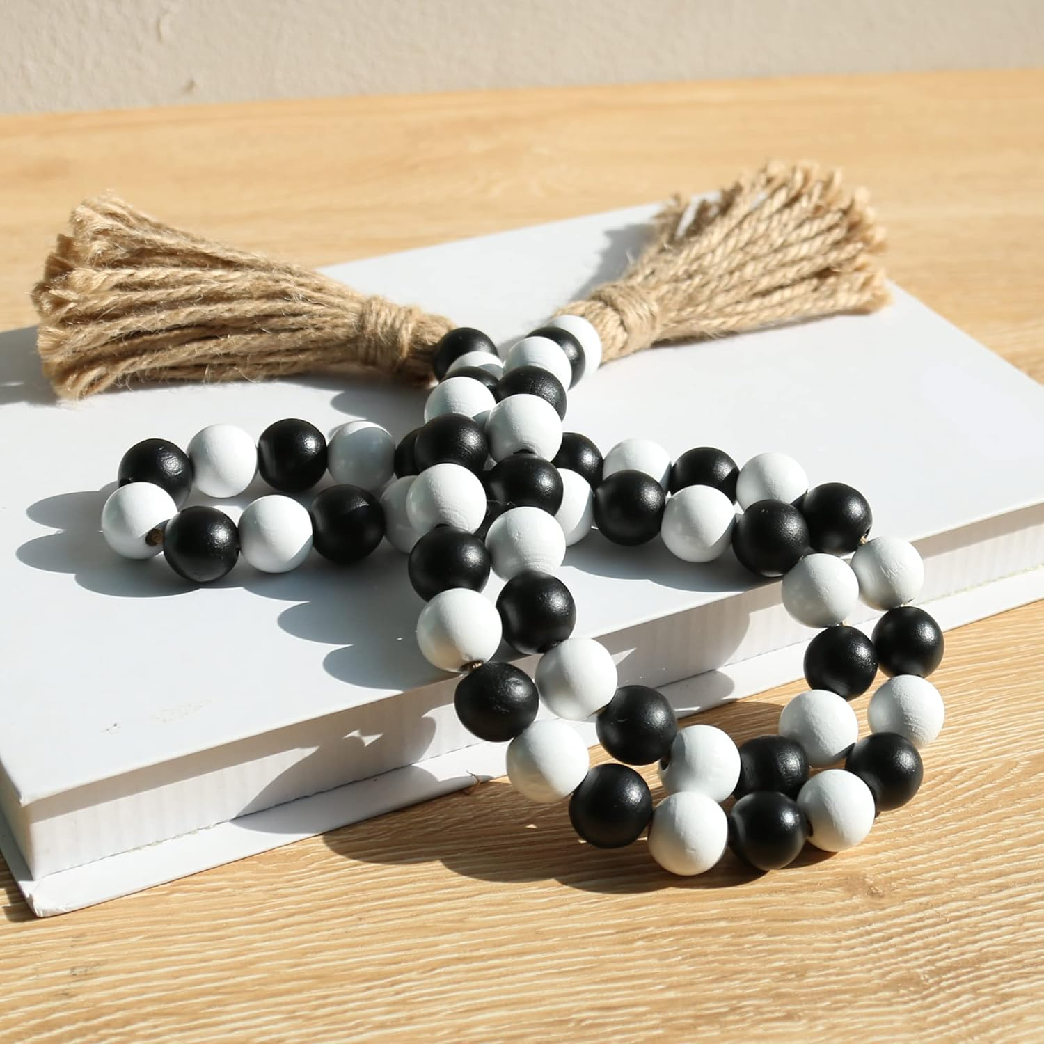 Meplait Wood Bead Garland - 39In Farmhouse Beads with Tassels for Tiered Tray Decor - Black & White