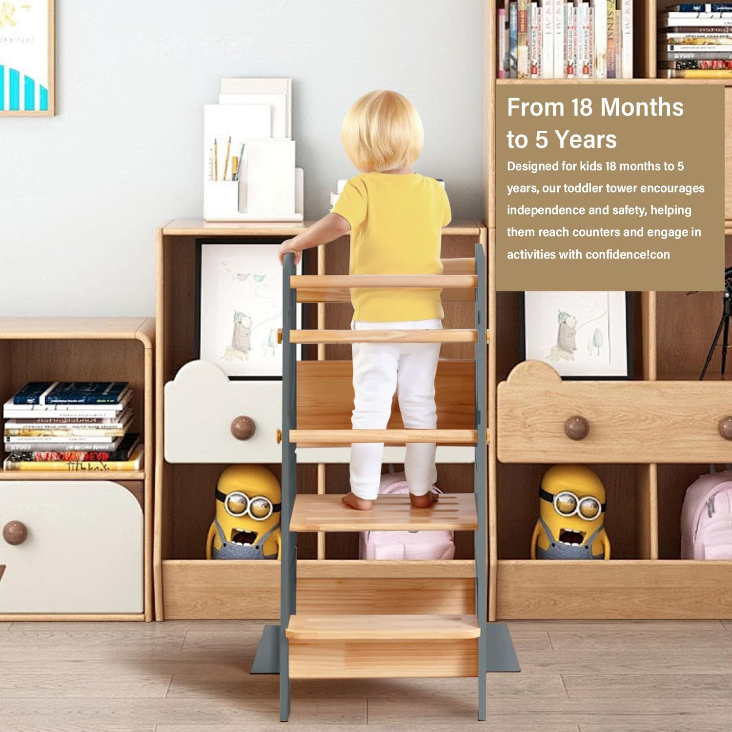 Learning Tower Toddler Tower, Timkos Kids Step Stool, Toddler Step Stool with Adjustable Height, Non-Slip Strips and Anti-Slip Pads, Kids Kitchen Tower, Standing Tower for Bedroom image number 6