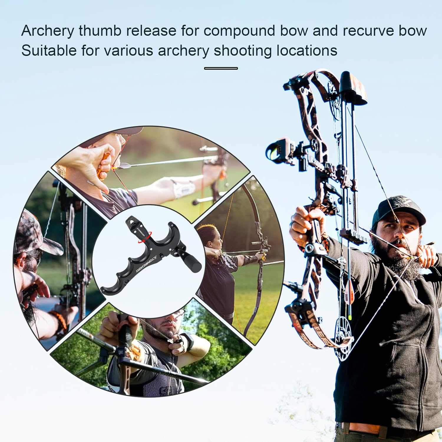 TOPARCHERY Compound Bow Release Archery Release Aids Thumb Release 360&deg;Rotating Bow Release, 4 Finger Bow Release, Aluminum, Compound Bow Accessories - Red image number 6