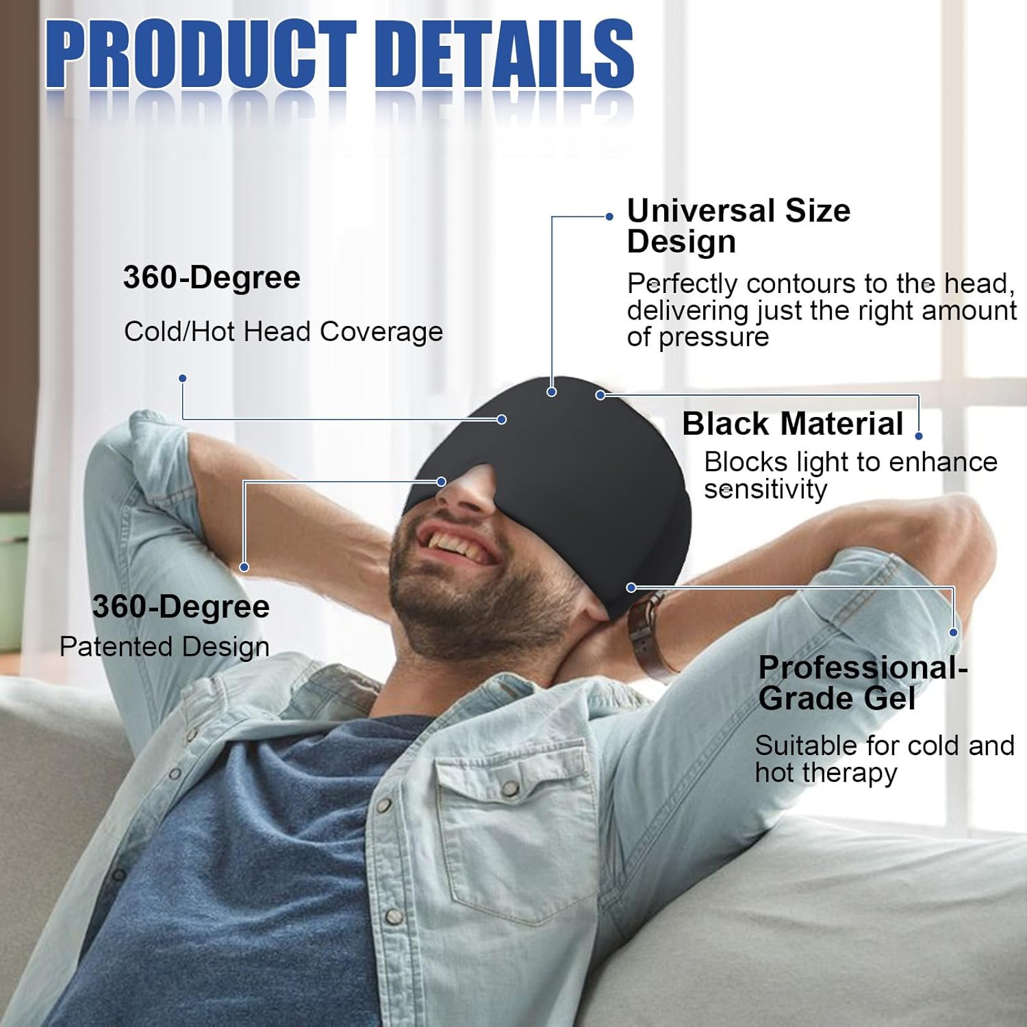 Migraine Relief Cap- 370G Gel, 360&deg; Soothing Headache Cap, Ice Pack Mask Compress Cooling Gel Head Wrap for Tension, Stress, Hangover & Puffy Eyes. (360&deg;, 370G) image number 1