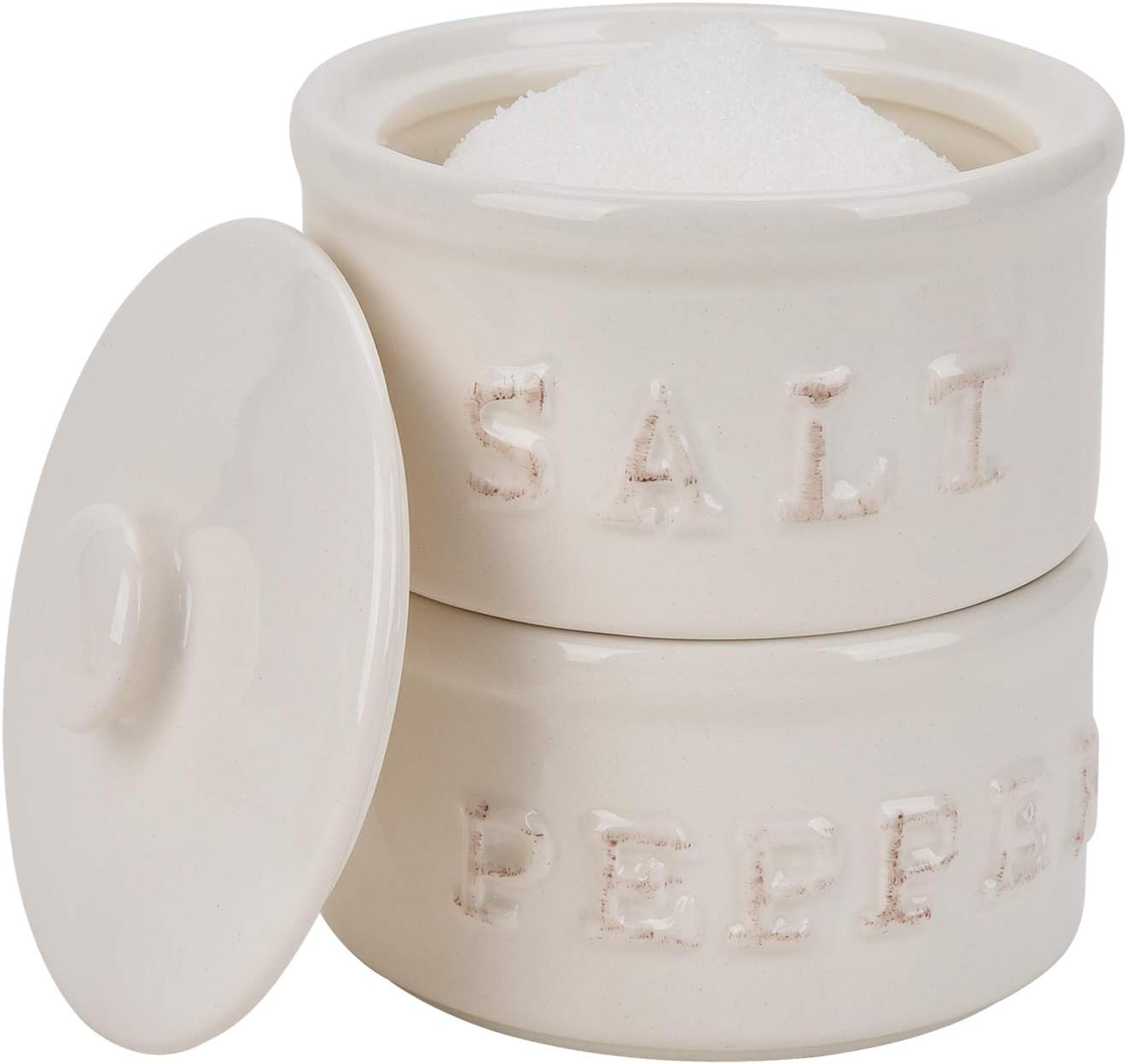 Vintage Ceramic Salt and Pepper Shaker Set Condiments Cellar Stacking Bowls with Lid image number 2