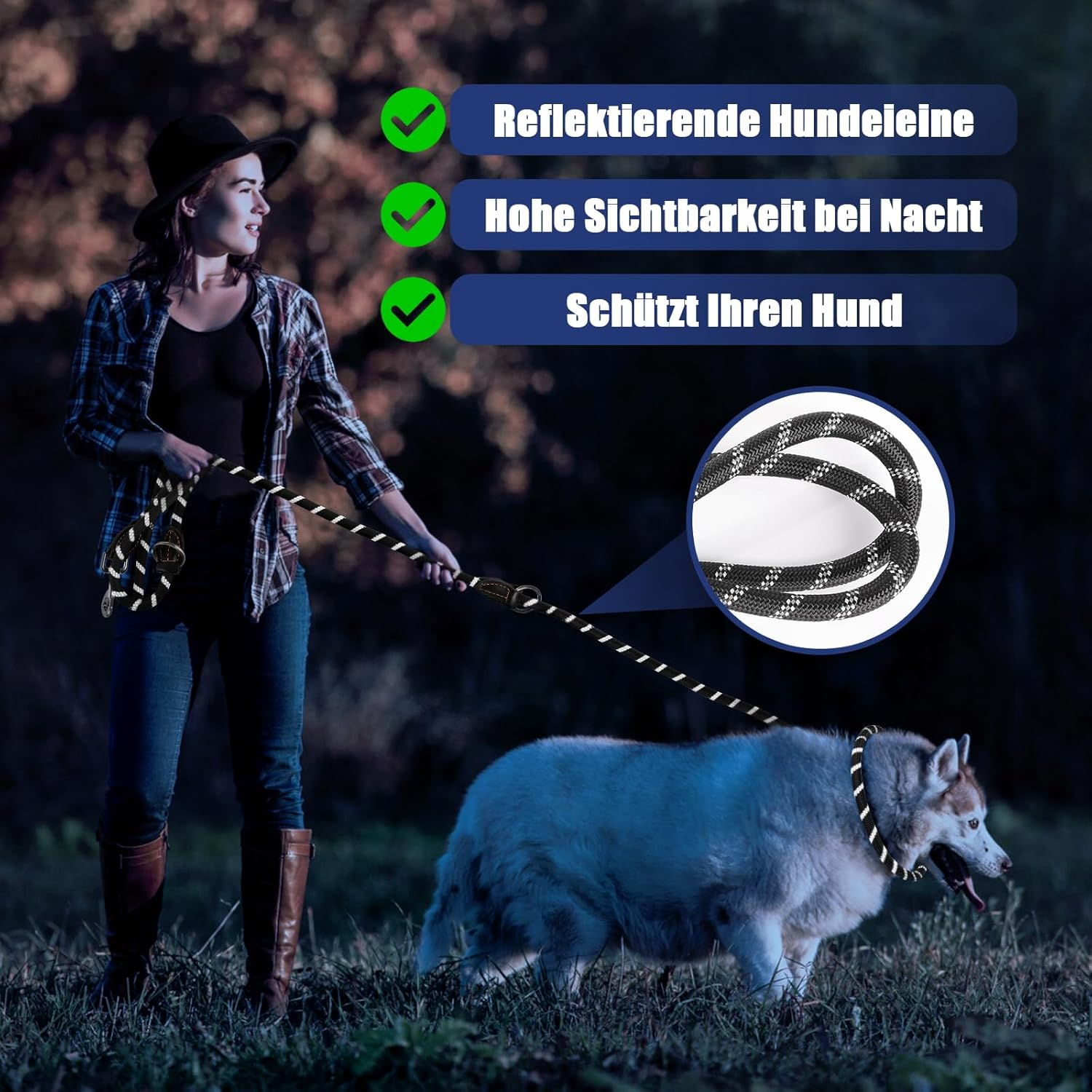 Dog Lead for Large and Medium Dogs, Adjustable Dog Lead 3 M with Reflective Strips, Nylon Double Lead, Thickened Free Leads with 2 Carabiners Thanks to the Extreme Force up to 200 Kg, Black image number 5