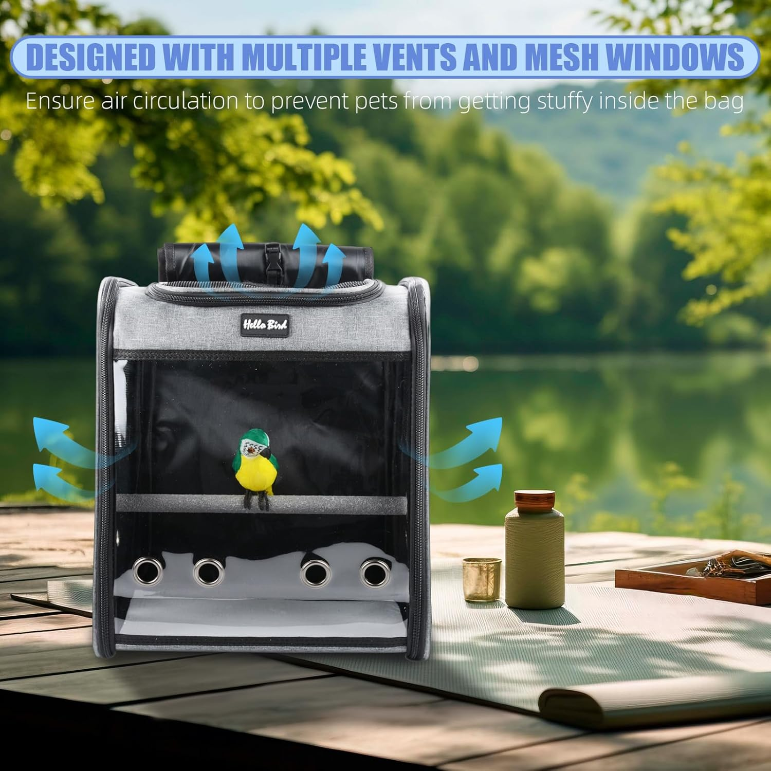 Bird Carrier, Bird Cage - Parrot Cage with Stainless Steel Tray and Bird Perch, Breathable & Portable, for Small Birds, Green Cheek, Cockatiel, Parrot, Grey image number 4