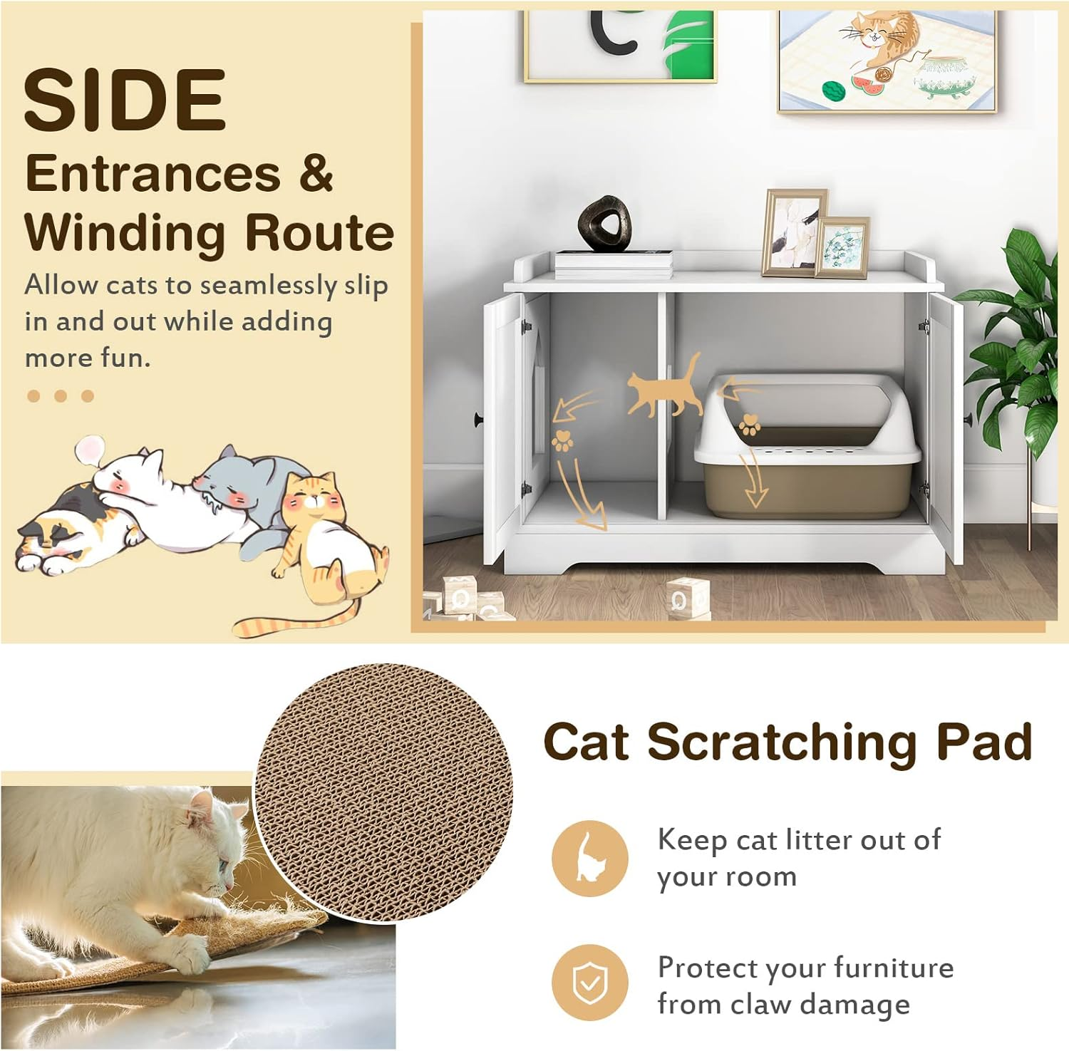 Costway Cat Litter Box Enclosure W/Scratching Pad, Adjustable Divider, Hidden Kitty Washroom, Indoor Pet House End Table Nightstand, Decorative Box Cabinet Storage Bench for Kitten & Large Cat image number 4