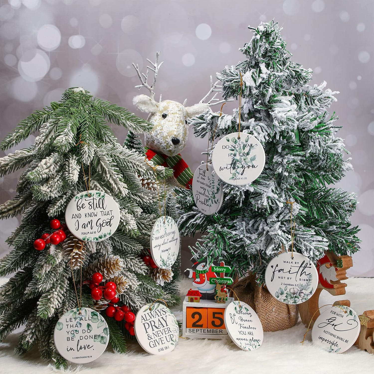 Fumete 18 Pcs Christmas Double Sided Printing Religious Ornaments Bulk Christian Ceramic Hanging Ornaments Bible Verse Inspirational Quote Botanical Plant Green Leaves round Flat Decor Church Gift image number 5
