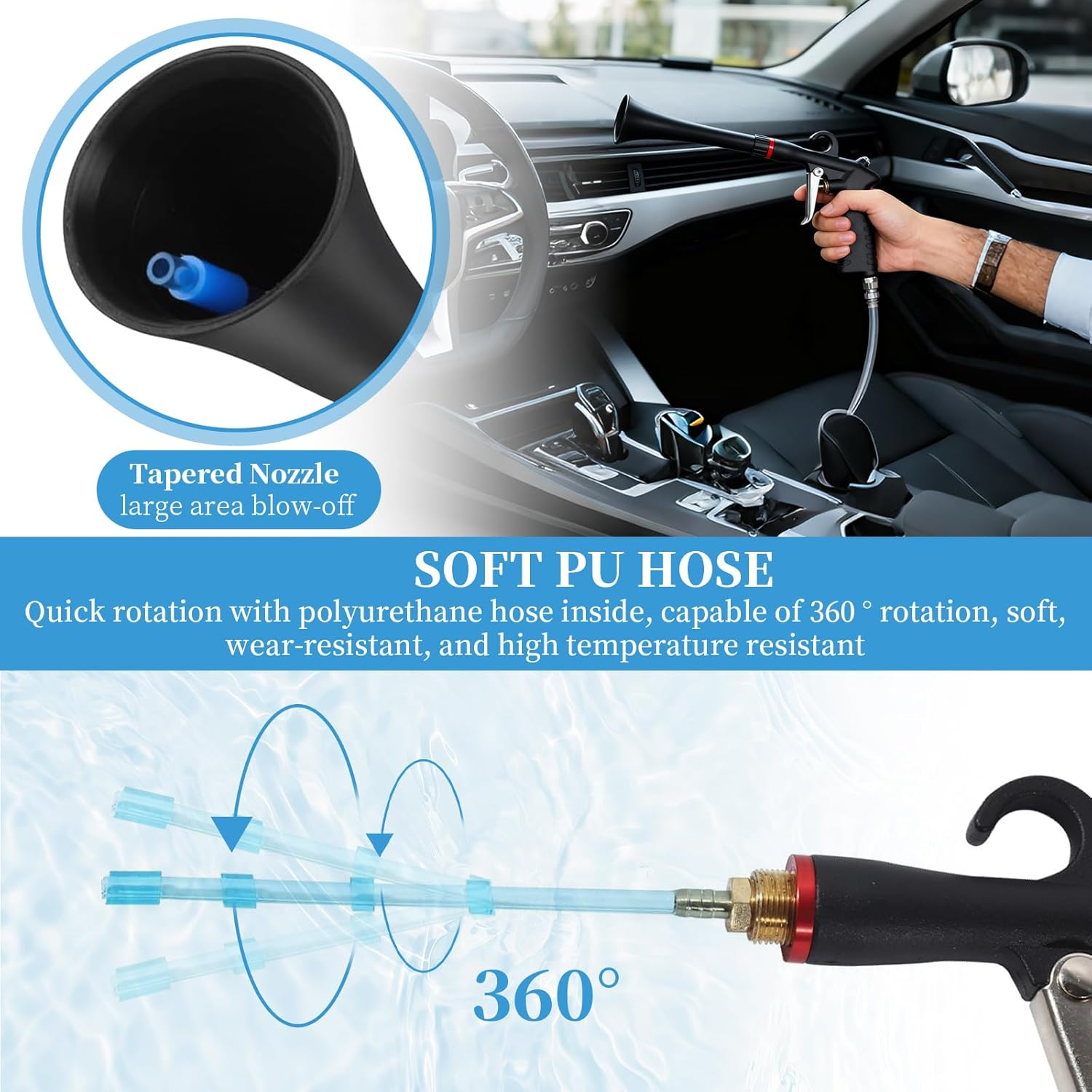 Car Cleaning Tool Set, High Pressure Air Blow Cleaner for Detailing, Multi-Purpose Car Duster Blower Cleaner Kit with Long Nozzle, Quickly Blast Dirt & Dust from Car Interior Cleaning (Black) image number 4