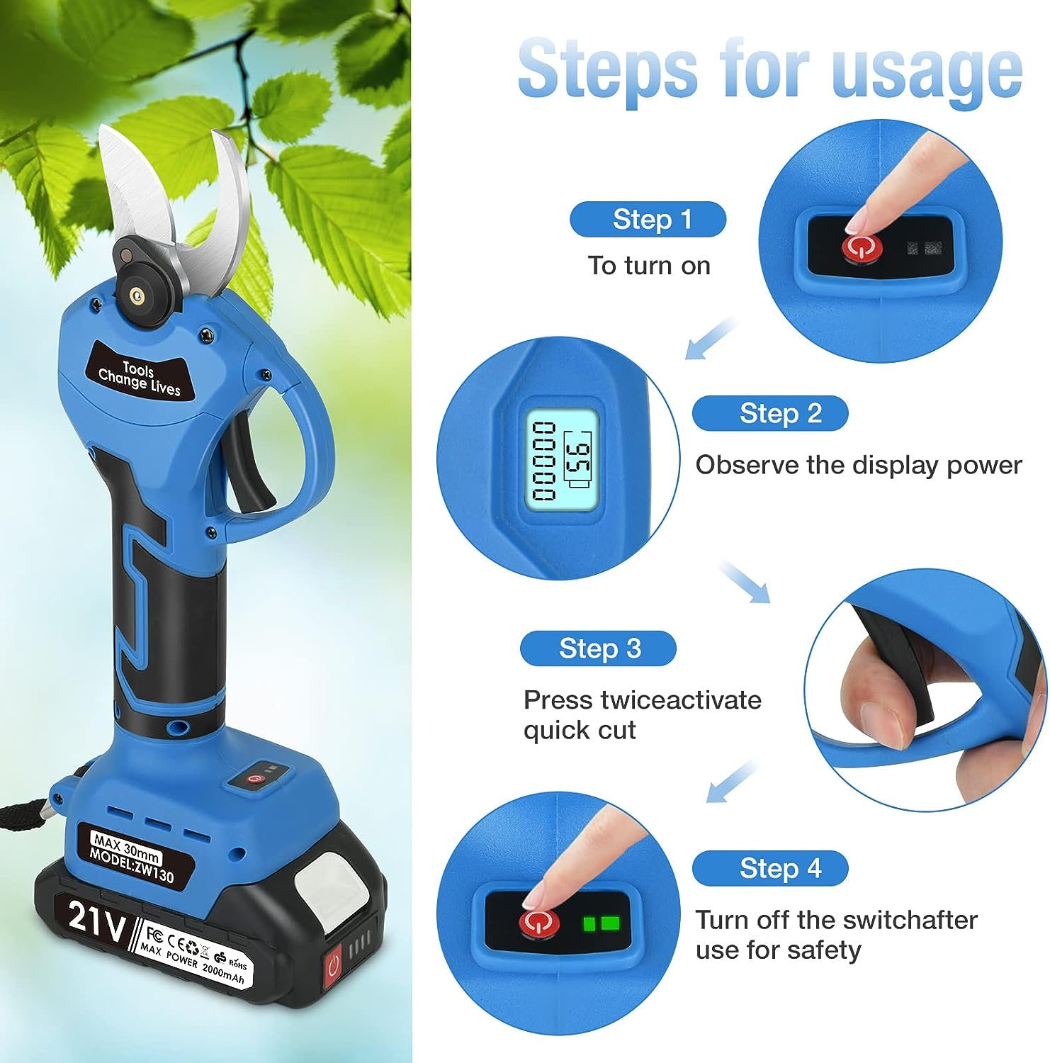 Electric Pruning Shears, Cordless Secateurs Battery Branch Cutter with 2PCS 2000Mah Battery, MAX 30Mm Cutting Diameter Professional Electric Scissors for Gardens Tree Branches image number 1