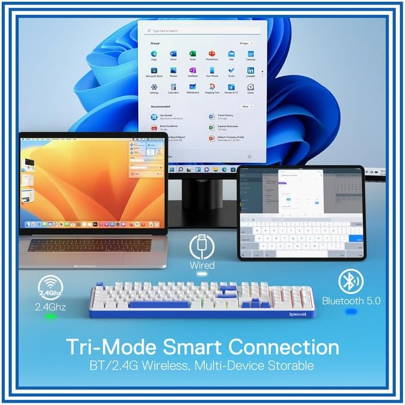 Redragon K685 PRO 104 Keys Wireless Gasket RGB Gaming Keyboard, 3 Modes 100% Layout Keyboard with Hot Swap Base, Sound-Absorbing Pads and Linear Red Switches, Small Blue & Oia White image number 5