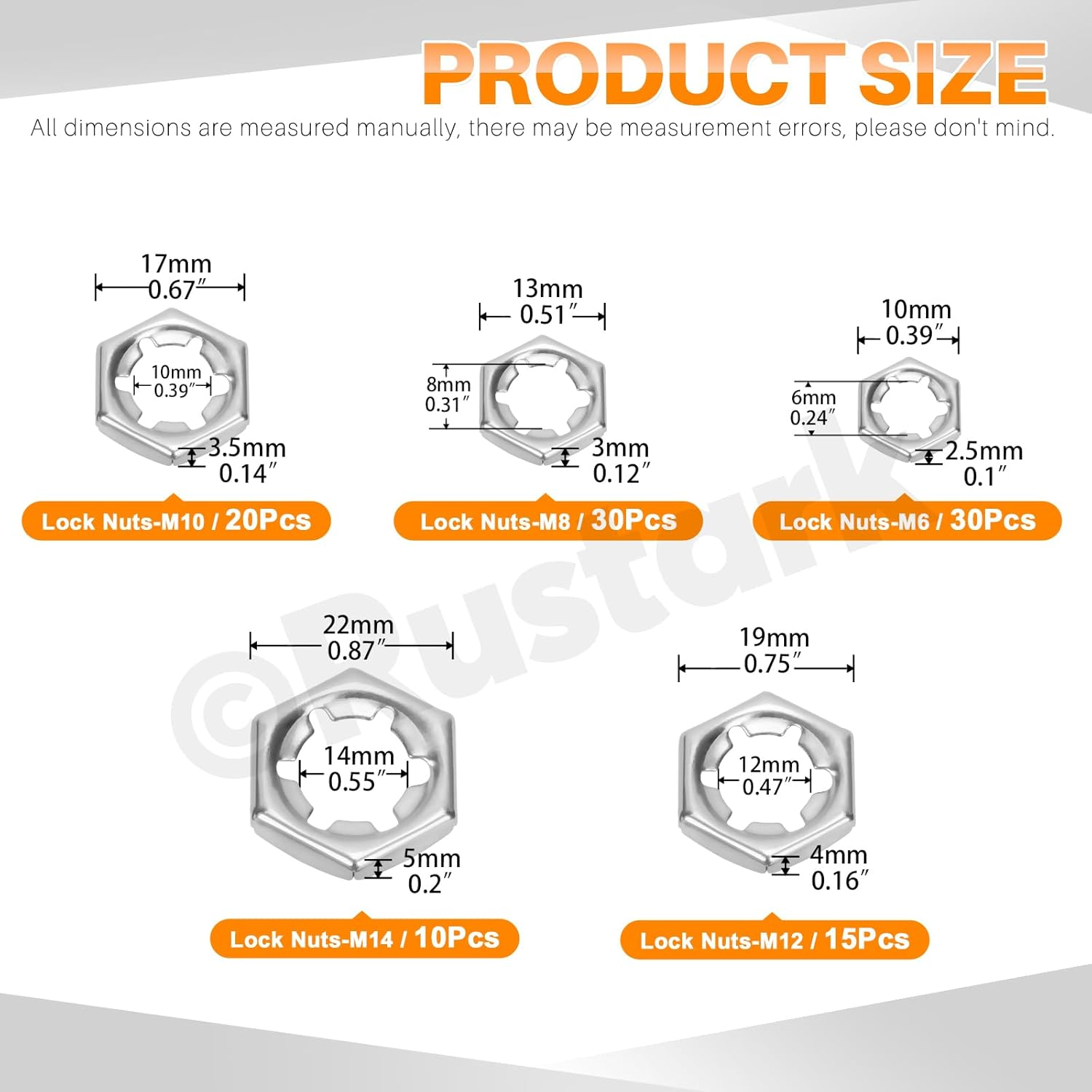 Rustark 105Pcs M6 M8 M10 M12 M14 304 Stainless Steel Push on Lock Nuts Assortment Kit Push Nuts Hex Hardware Nuts Fasteners Metric Machine Nuts for Machinery Manufacturing image number 2
