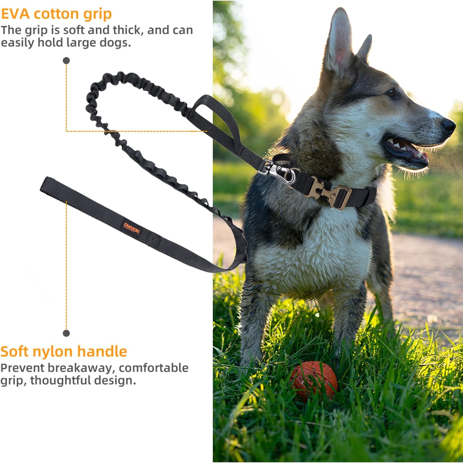 EXCELLENT ELITE SPANKER Bungee Dog Leash Tactical Dog Leash Nylon Adjustable Tactical Leash for Dogs Quick Release Military Dog Leash with 2 Control Handle (Black) image number 5