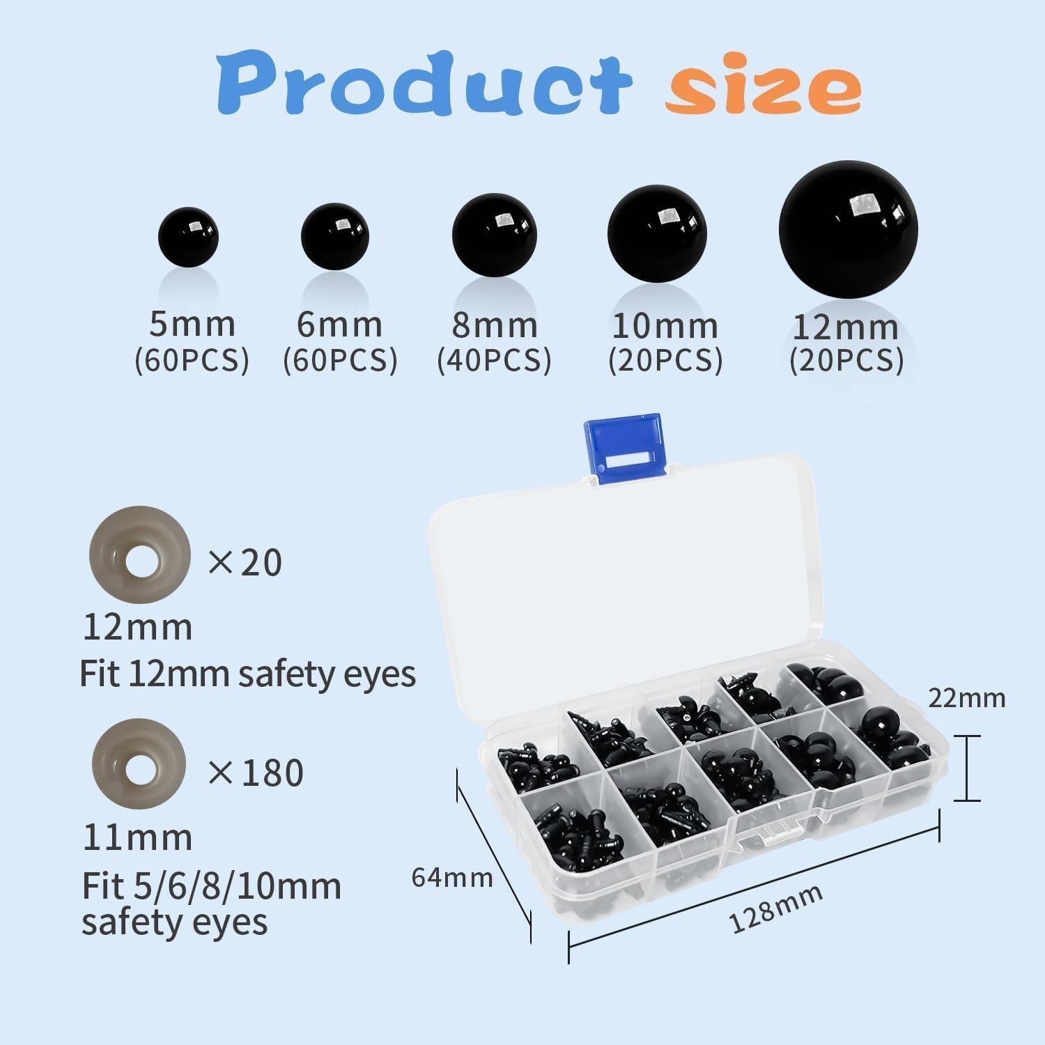 200Pcs Safety Eyes,Funcyboo Craft Eyes Crochet Eyes Assorted Sizes Plastic Doll Eyes Stuffed Animal Eyes Kit with Washers for Amigurumi DIY 5 6 8 10 12 Mm Black Safety Eyes. image number 6