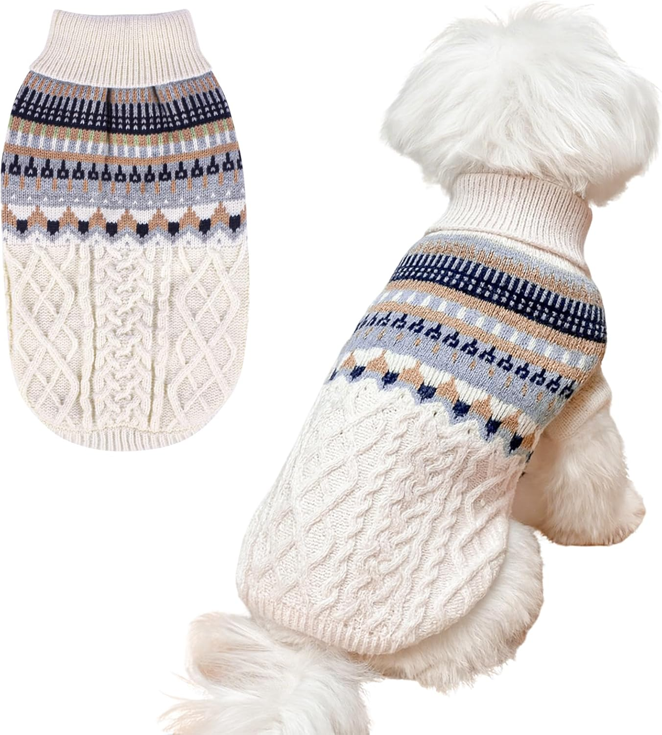 Fnaobai Knit Dog Sweater Turtleneck Cat Cold Weather Pullover Pet Vintage Cable Thick Warm Winter Clothes for X Small Dogs Cats Medium Pug Dachshund Yorkie (Navy, Medium)