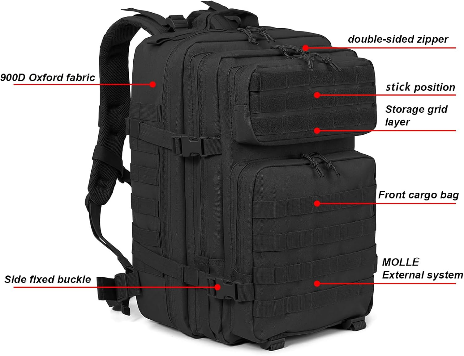 50L Backpack for Men Women Camping Rucksack 3 Day Large Trekking Backpack with Molle System for Hiking Travel Daily Work Outdoors Sports Daypack (Black) image number 6