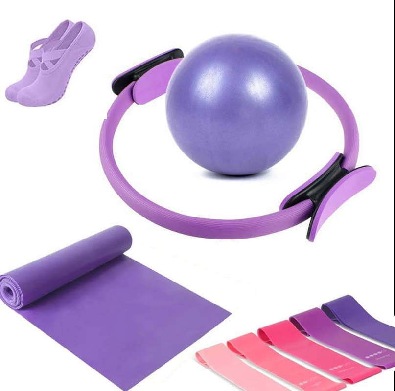 9PCS Home Pilates Kit &ndash; Complete Pilates Equipment Set with Pilates Ring, Yoga Ball, Resistance Bands, Stretch Strap & Non-Slip Socks &ndash; Essential Pilates Kit for Strength