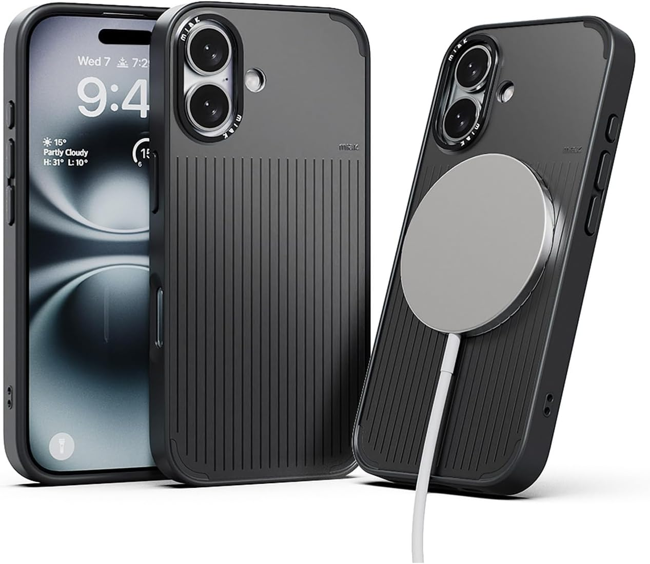 Miak Ma28066I17 Case, Compatible with Magsafe Mod, Stylish Vertical Line Design, Metal Camera Frame, Lens Protection, 4 Corners, Air Cushion, Shock Absorbing, Dustproof, Display Protection Design