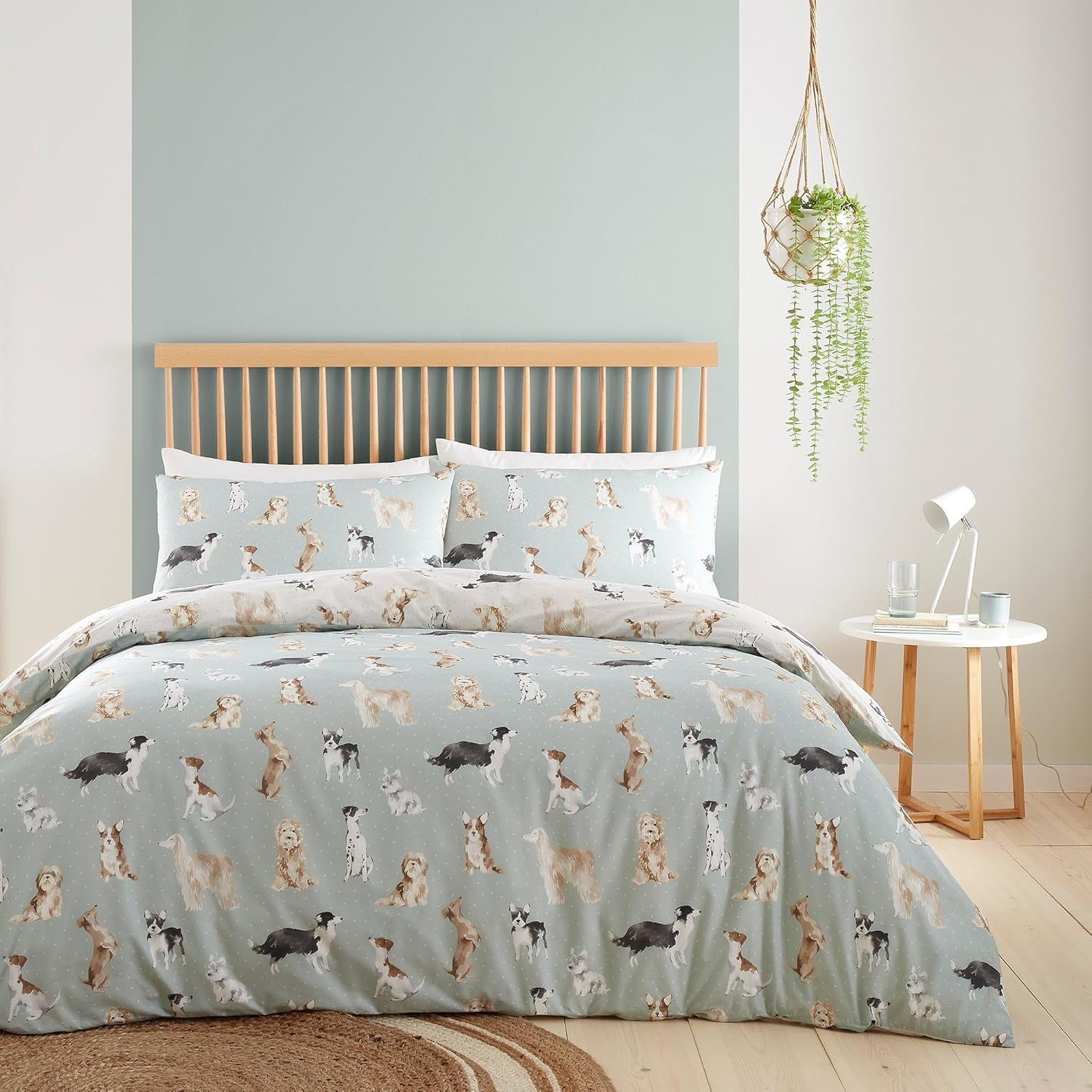 Fusion - Duck Egg Blue Dog Duvet Cover - Single Bedding Size (140 X 200Cm) - Reversible Design (Beige & Duck Egg Blue) - Dog Paw Print Bedding - Animals Print - Shih Tzu, French Bull and Poodles Dogs image number 3