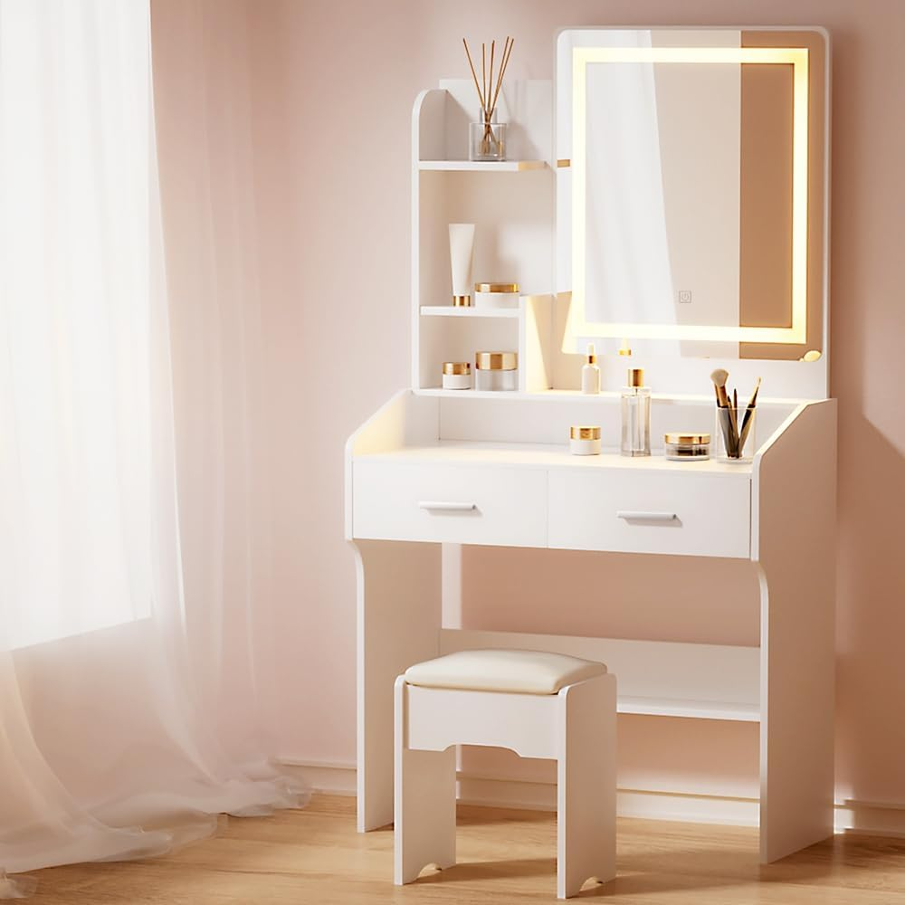 Artiss Dressing Table, LED Mirror Makeup Stool Set Wooden Vanity Desk Chair, Home Bedroom Furniture Girls Kids Women Organisers, Drawers Shelves Wide Tabletop White