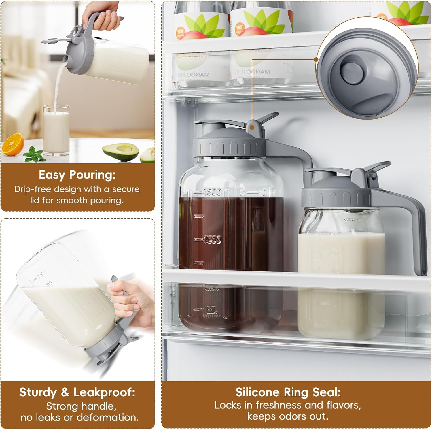 Breast Milk Pitcher Jug - 32 Oz Glass Mason Jar Airtight Pitcher with Pour Spout Handle for Breastmilk, Iced Tea, Ice Drinks Storage Container image number 4