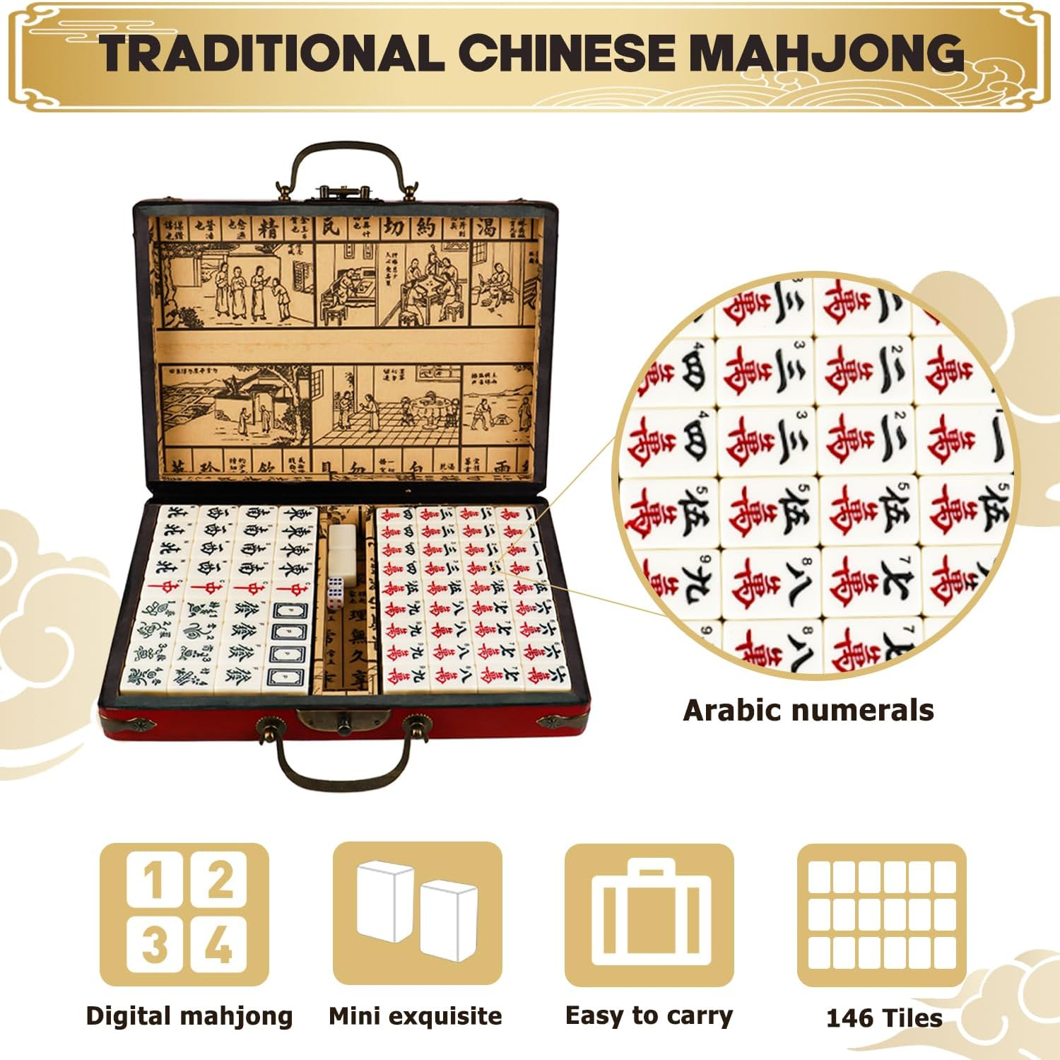 Necomi Classical Mahjong Game Set, Chinese Classical Mahjong with Arabic Numerals, 144 Tiles Vintage Elegant Wooden Box, Suitable for Parties, Traveling（Small Size） image number 2