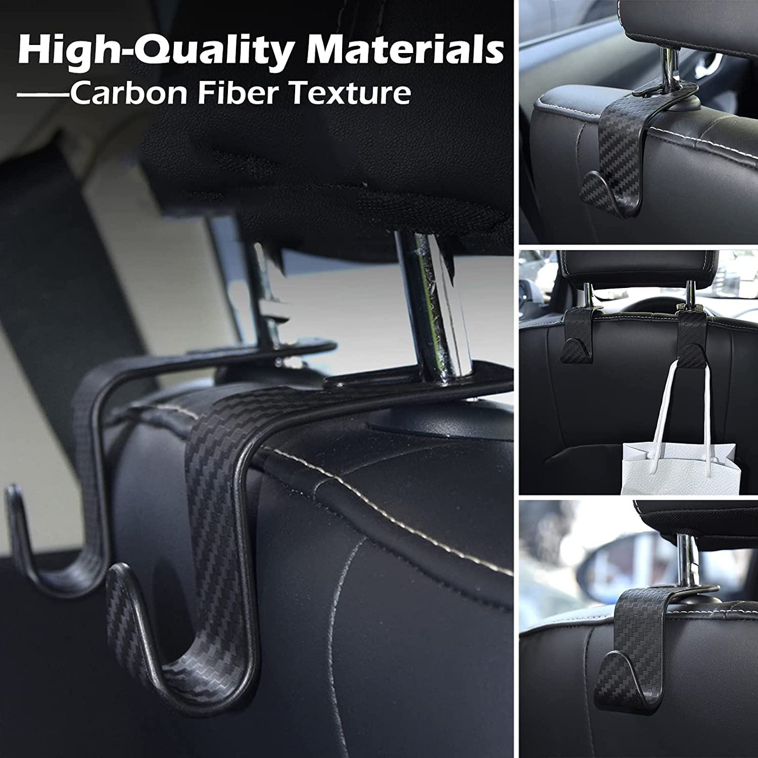 4 Pack Car Seat Headrest Hooks, Carbon Fiber Texture Purse Holder Storage Hook for Car Handbag Clothes Coats Grocery Bags, Black image number 2