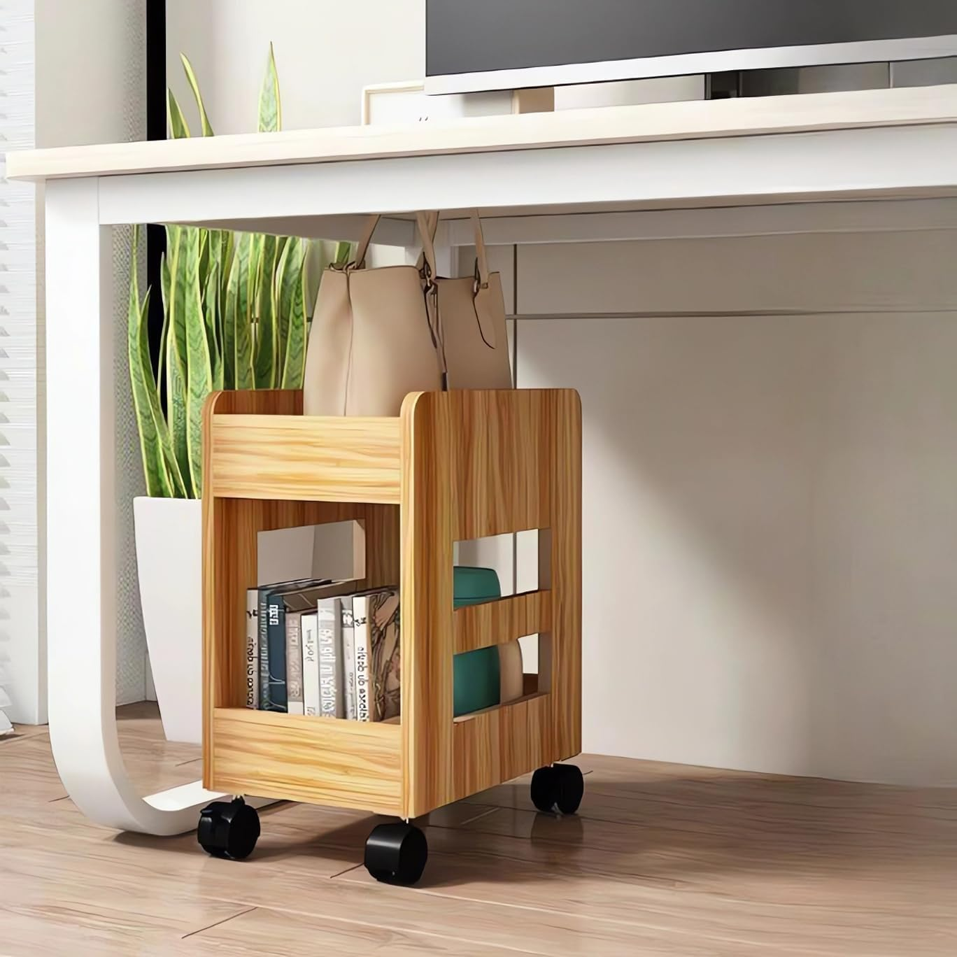 Bookcase, Computer Desk Organiser Shelf, Office Storage Cart, Wooden Desk Cart with Wheels, Wood File Cabinet, Bookshelf A62 (J White)