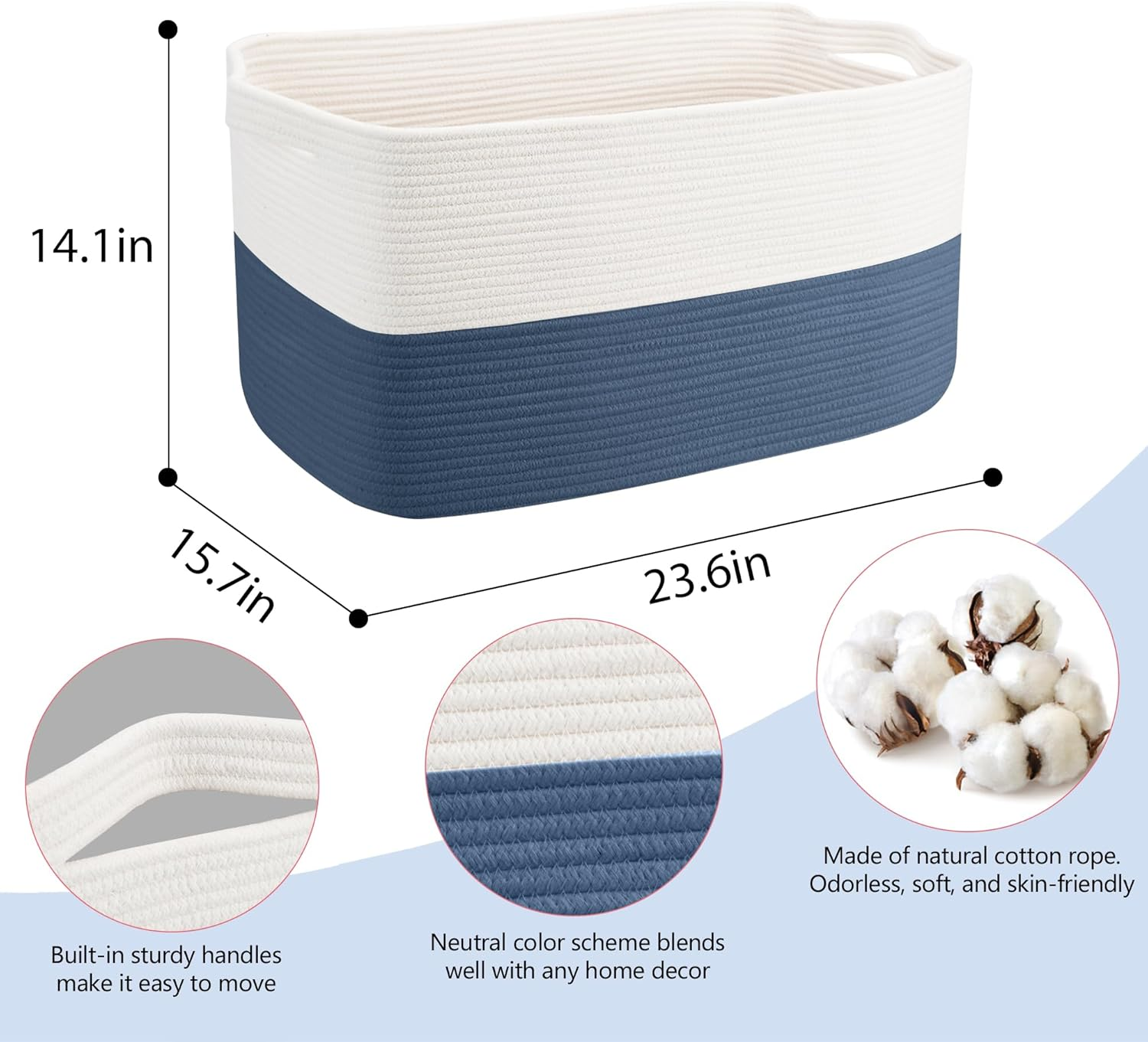 MEGASKET Extra Large Rectangle Rope Basket, 23.6" X 15.7" X 14.1" Kids Room Toy Stuffed Animals Basket Box Organization, Towel Storage Basket, Baby Clothes Basket, Living Room Storage Bin, Dark Blue