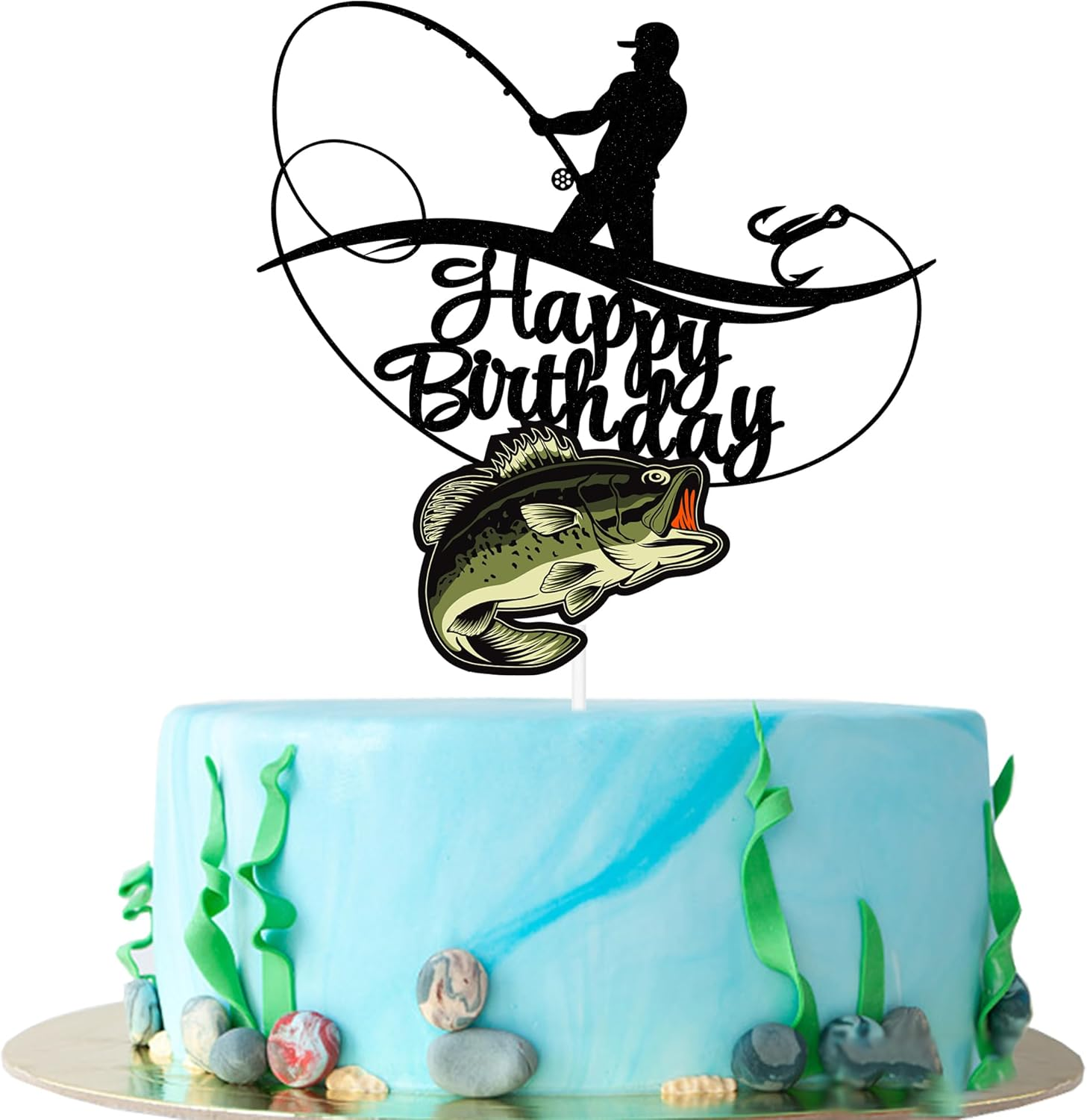Fisherman Birthday Cake Topper, Angler Shakes His Rod and Catches a Big Fish Cake Topper, Double Sided Glitter image number 3