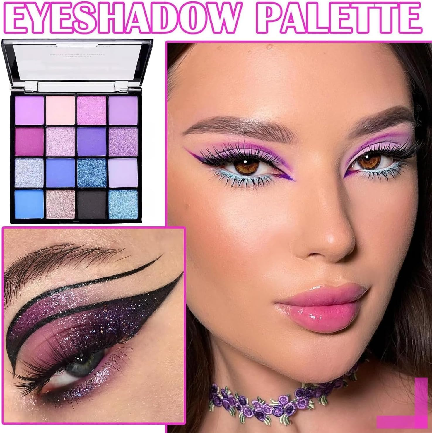 1 Box 16 Color Eyeshadow Makeup Palette Eyeshadow Palette,16 Color Glitter Matte Eye Shadow Pallets,16 Color Eye Makeup Shimmer Highly Pigmented Palette,Purple Blue Eyeshadow Palette Eye Shadow Pallet image number 3