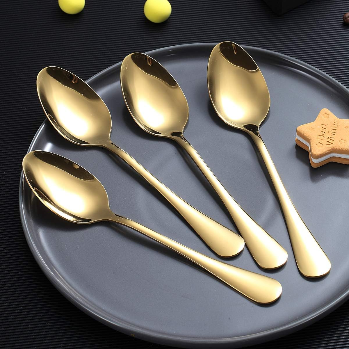 Berglander Gold Dinner Spoon of 4, 7.5 Stainless Steel Titanium Plating Shiny Gold Soup Spoons Silverware, Golden Soup Spoon Table Spoon Set Sturdy Easy to Clean, Dishwasher Safe
