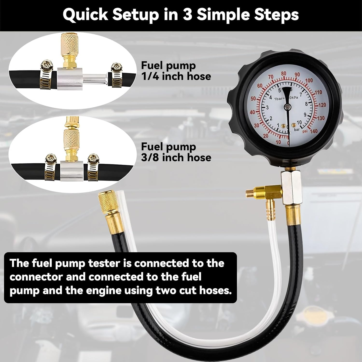 0-140PSI Fuel Pressure Tester Kit for Gasoline Engines Gasoline Pump Pressure Tester Automotive Fuel Pump and Injector Diagnostic Tool with Hoses & Adapters for Car, Truck, Motorcycle, ATV, RV, 20Pcs image number 2