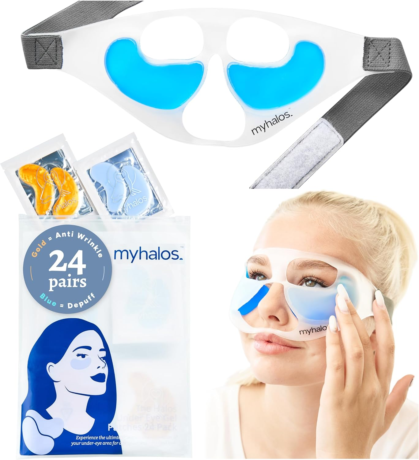 Myhalos under Eye Patches & Cooling Eye Mask Set - 24 Eye Masks for Puffy Eyes - Eye Bags Remover Kit- 24K Gold Eye Mask & Blue under Eye Gel Patches - Trending Eye Patches Skincare Routine