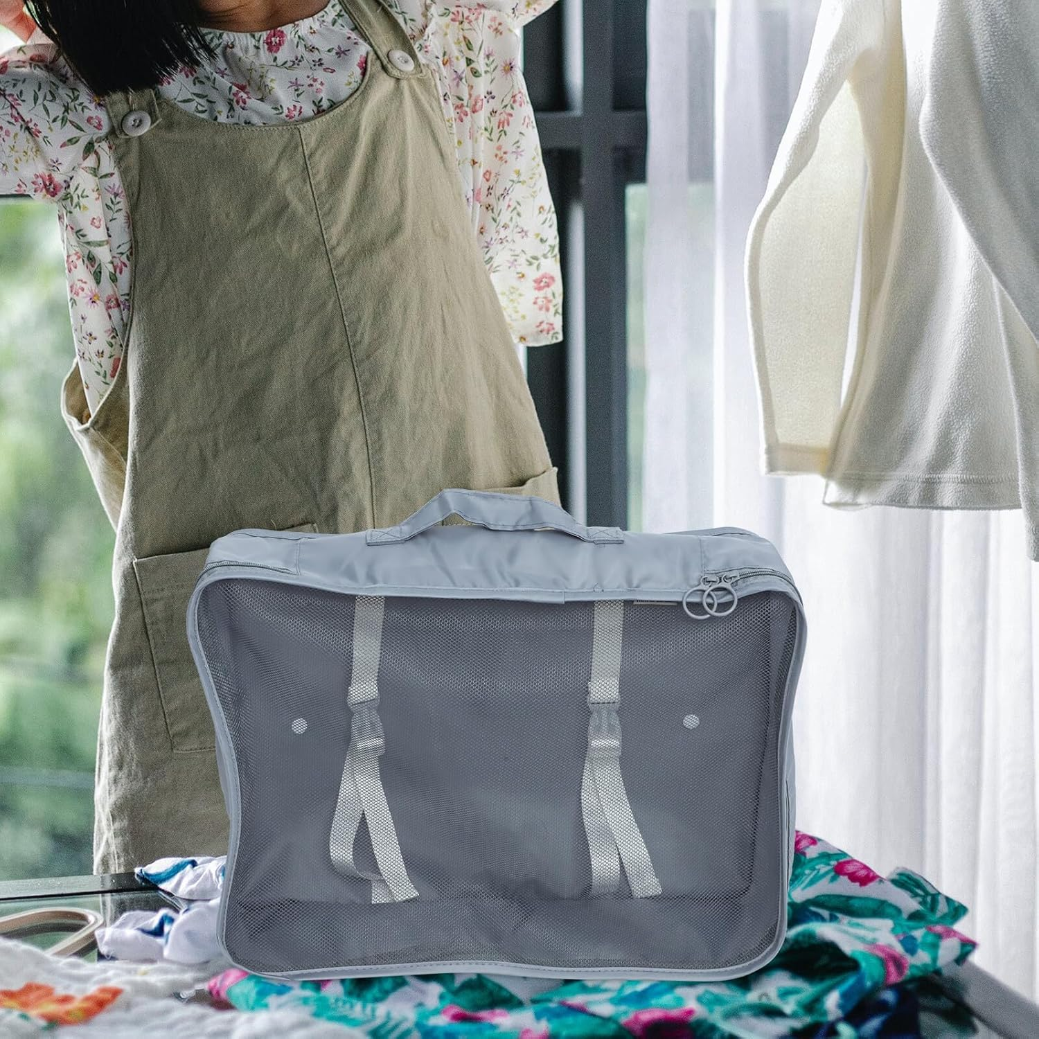 LIGIGWASH 7Pcs Travel Packing Cubes Set Luggage Organizer Bags with Drawstring Storage Pouches for Suitcases Clothes Shoes Grey Folding Travel Organizer image number 6