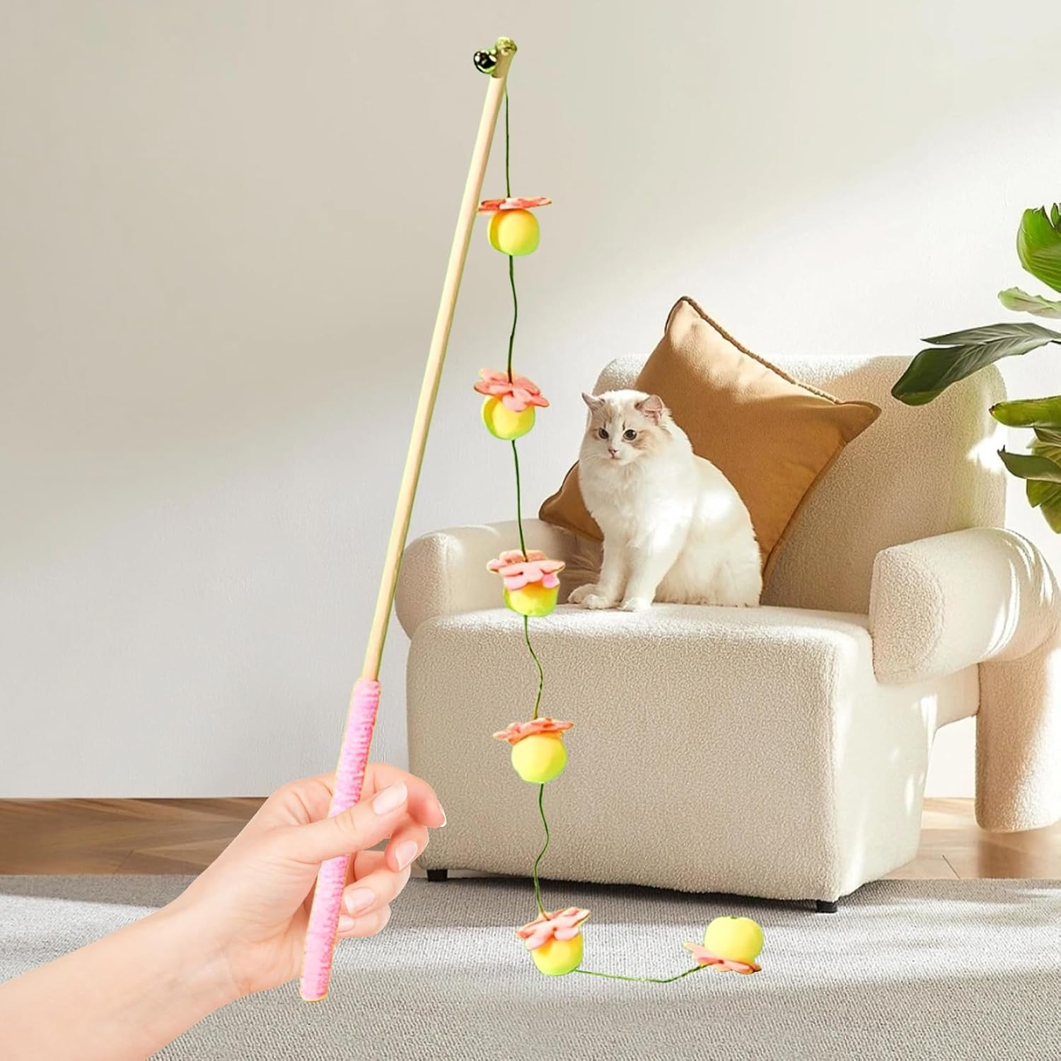 Rronnoy Cat Wand Toy - Fruit Design String with Non-Slip Handle | Cat Pole Toy | for Kitten Indoor Play Boredom Bird Fish Mouse - Yellow image number 5